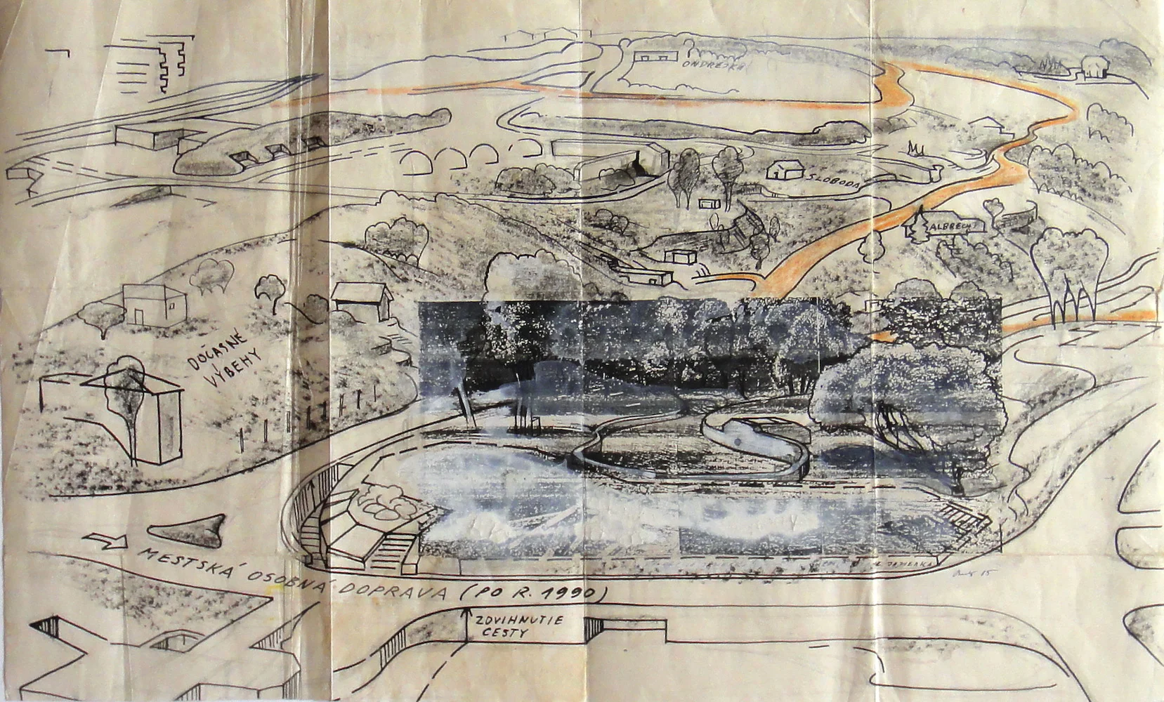 1985, ZOO Návrh jazierka, realizovaný, kresba, 42x26 cm