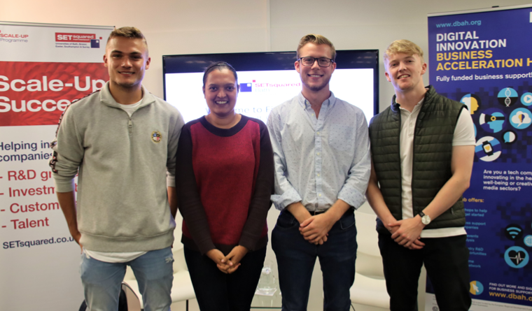George Griffiths, founder of Expo Education (R) joins the other 2019 Innovation Award winners at SETsquared Bath’s First Tuesday Networking event.