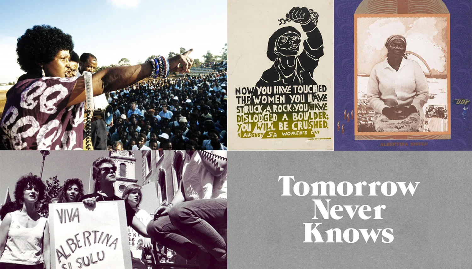 Image credits (CW): Winnie Madikizela-Mandela in Kagiso township 13 April 1986 by Gideon Mendel // ‘You Have Struck a Rock’ Judy Seidman for Medu Art Ensemble (1981) // Albertina Sisulu by Sue Williamson (1984) // @3Dperson // Five City Group women celebrate SA Women’s Day 1988 by Jon Kempster