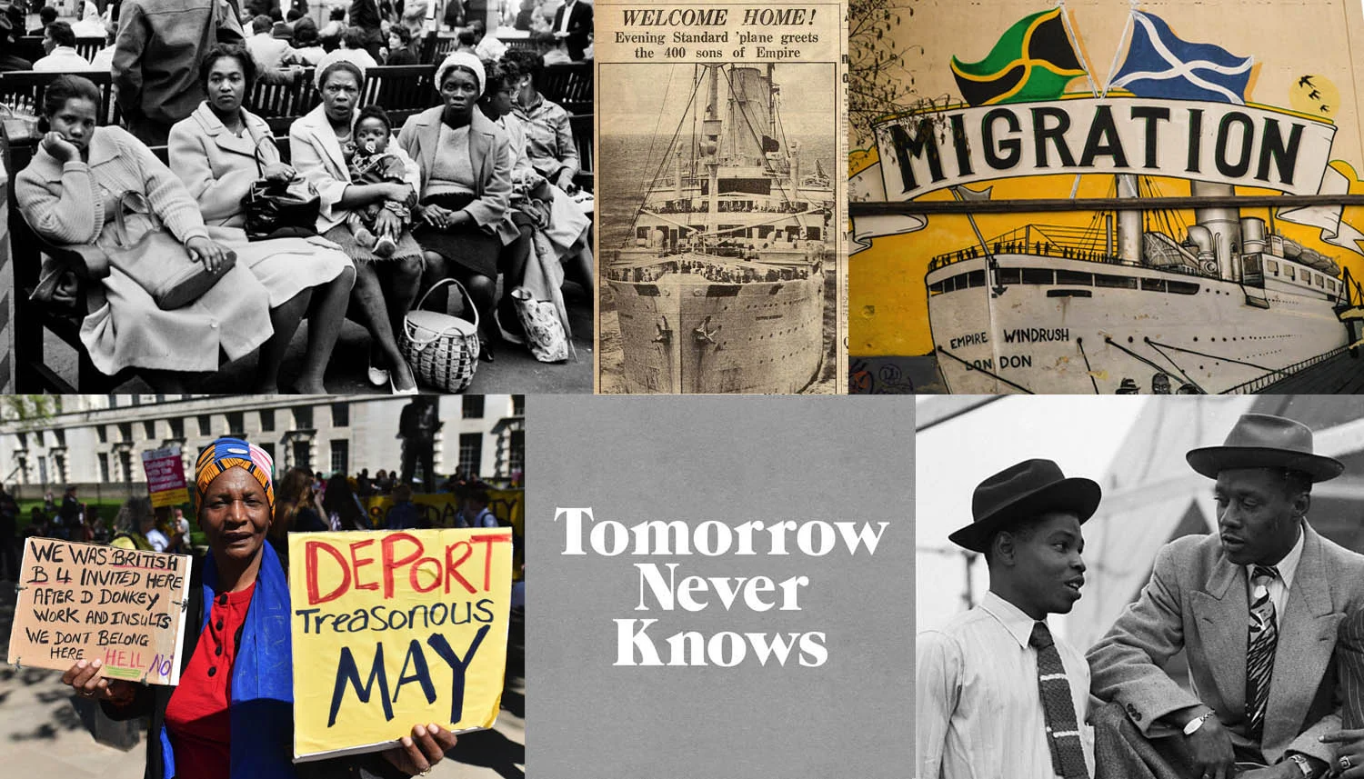 Image credits: Unknown // Evening Standard ’s front page 21 June 1948 (British Library) // Empire Windrush mural in Bristol // Men on the Windrush // Logo by @3Dperson // Protest against the Home Office, 5 May 2018