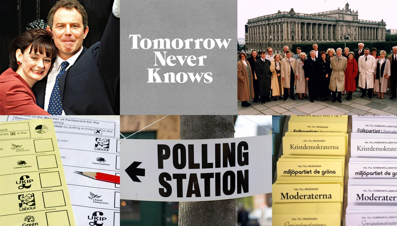 Images (CW): Tony and Cherie Blair in front of 10 Downing Street // logo by @3Dperson // Ingvar Carlsson's gender equal 1994 government // Swedish election ballots // polling station signage // British election ballots