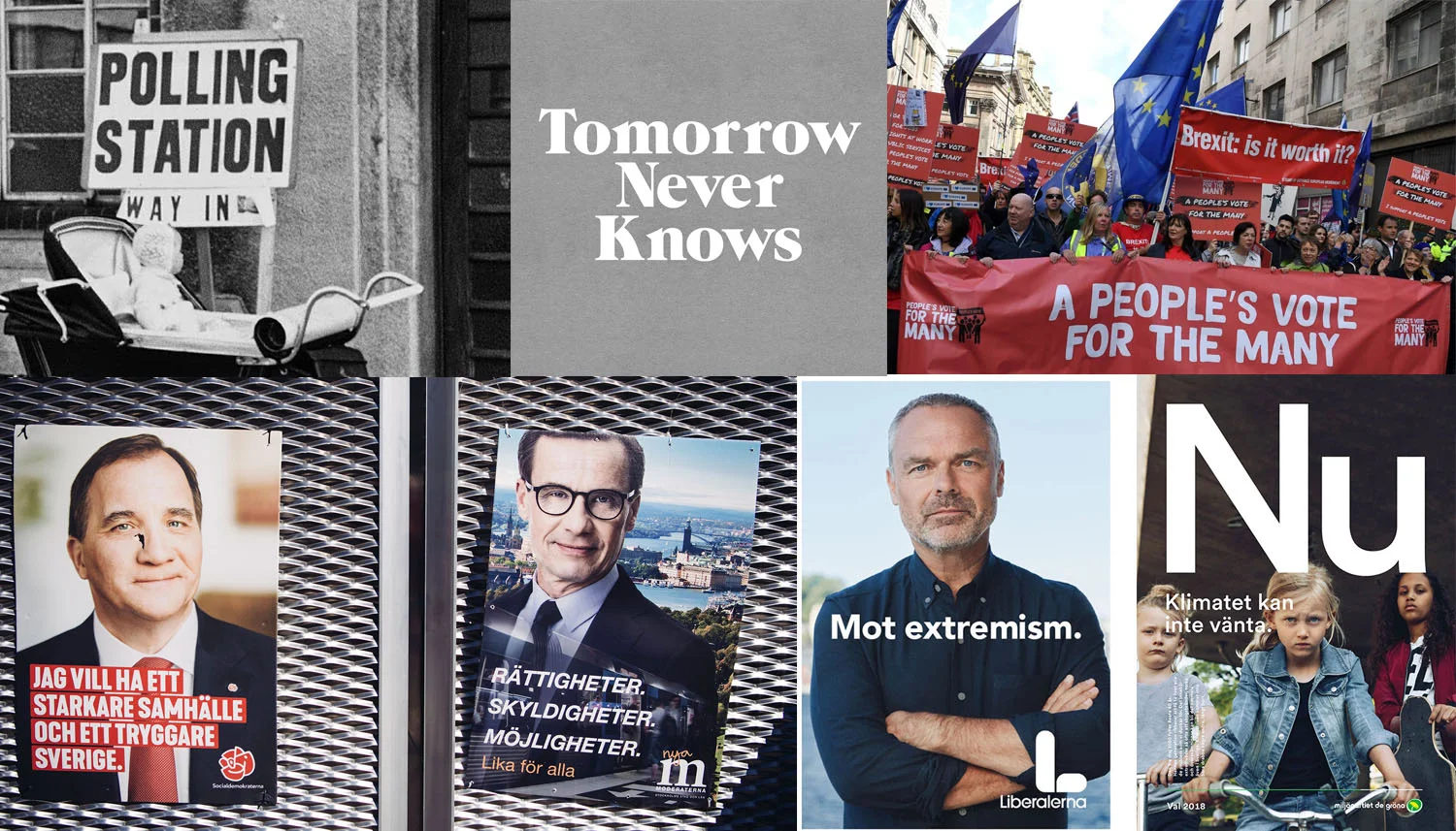 Images (CW): A baby outside a British polling station // logo by @3Dperson // People marching for a second Brexit referendum // Swedish election posters from the Green Party, the Liberals, the Moderates and the Social Democrats