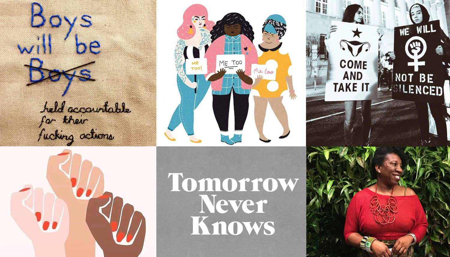 Image credits (CW): Shannon Downey ( @badasscrossstitch ) // Tara O Brien ( @taraobrienillustration ) // The Women’s March, Washington D.C. by Ana Vasquez // Tarana Burke // logo by 3Dperson // #metoo