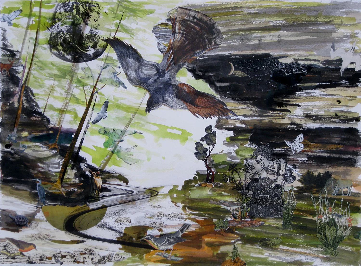 The Landscape is Dreaming, 2011, Etching, Ink, Gouache, Acetate, Found Paper, 22 x 30