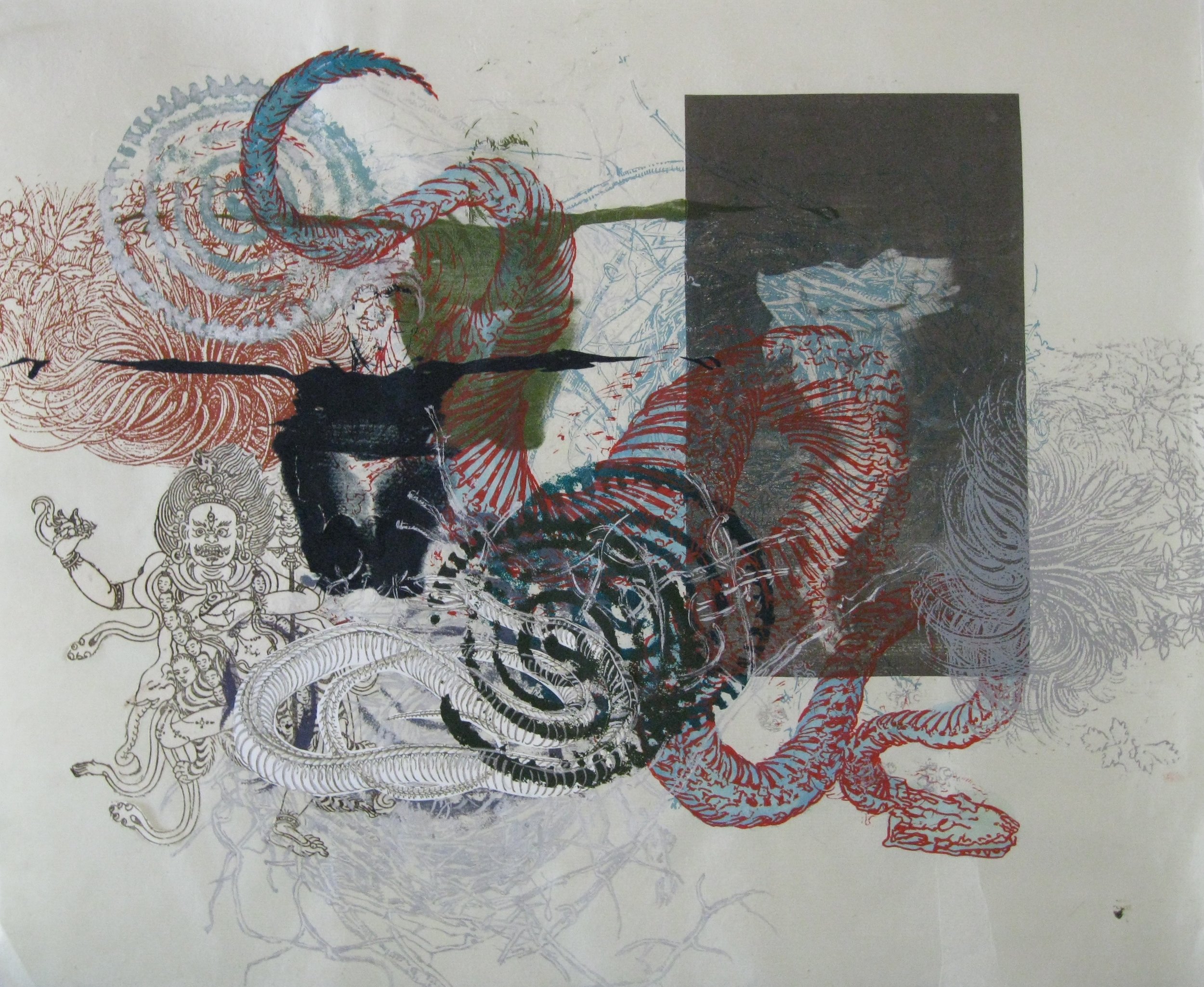  Snakedance 1, 2015, Silkscreen, Cyanotype, Found Paper, Hand Drawing,  24 x 19 