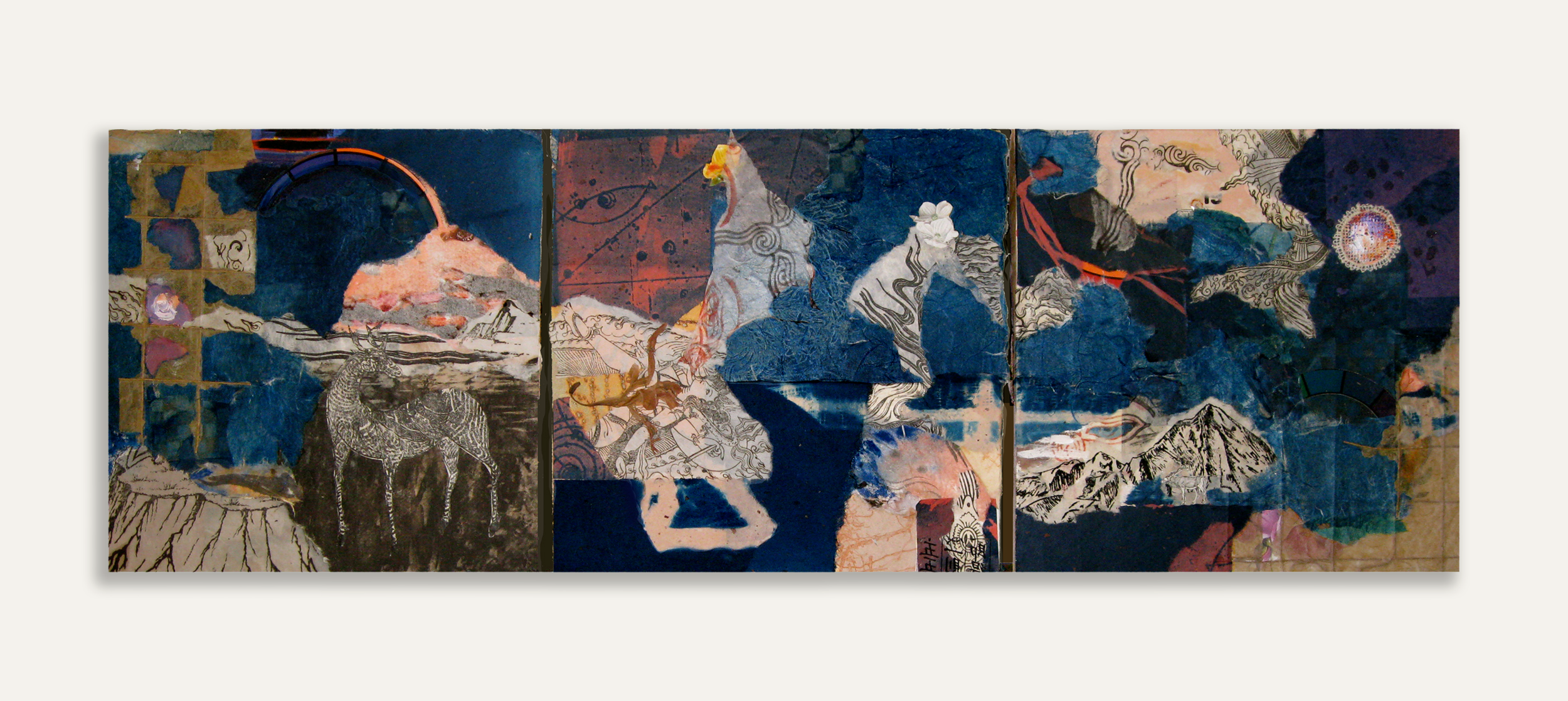  Space-Time Interval, 2016, Triptych on Board with Cyanotype, Found Paper, Paint, 12 x 36 
