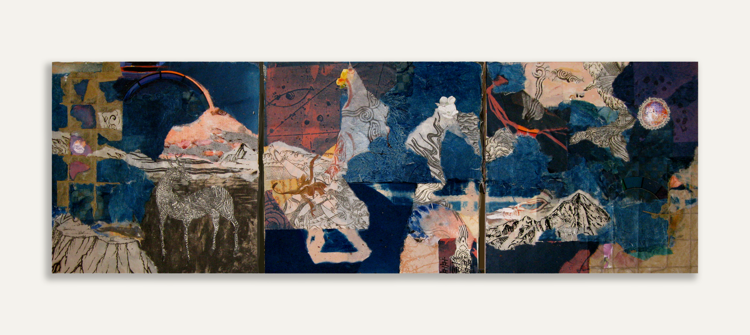 Space-Time Interval, 2016, Triptych on Board with Cyanotype, Found Paper, Paint, 12 x 36