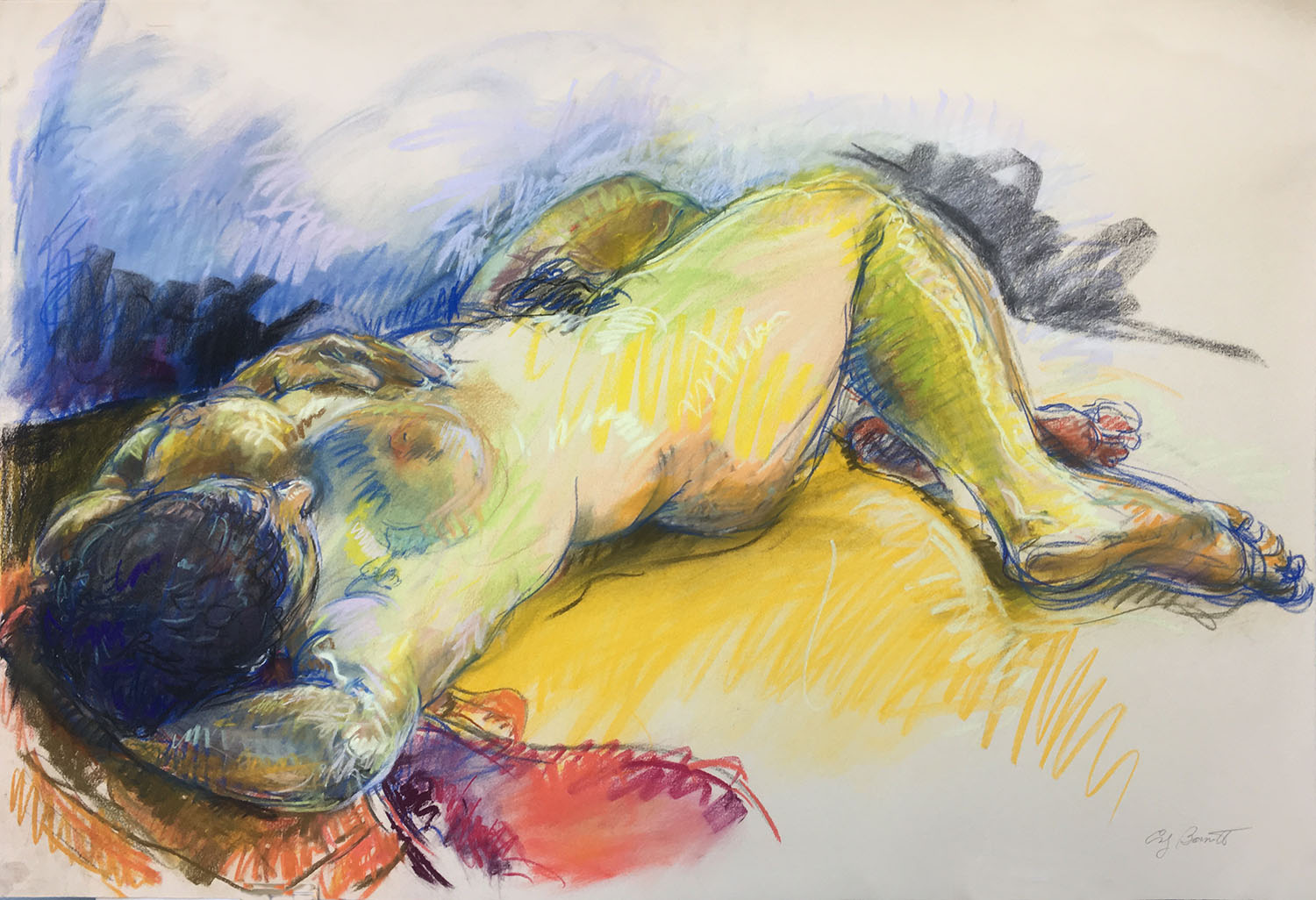 Reclining Figure with Red Cloth, Charcoal and Pastel, 30X44