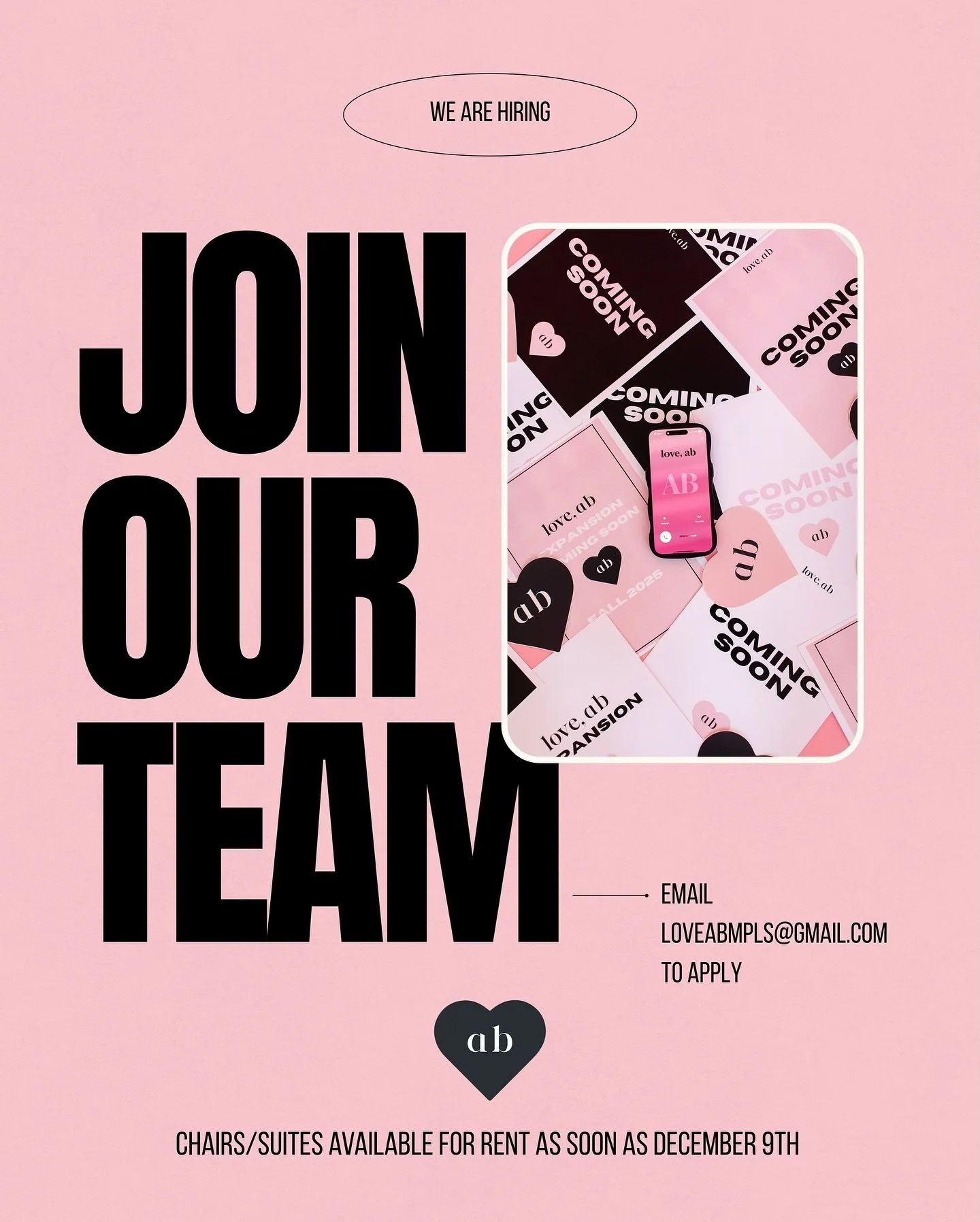 DM or email us at loveabmpls@gmail.com 💓 

CHAIRS &bull; SUITES &bull; FRONT DESK COORDINATORS 

🫶🏼 love, ab