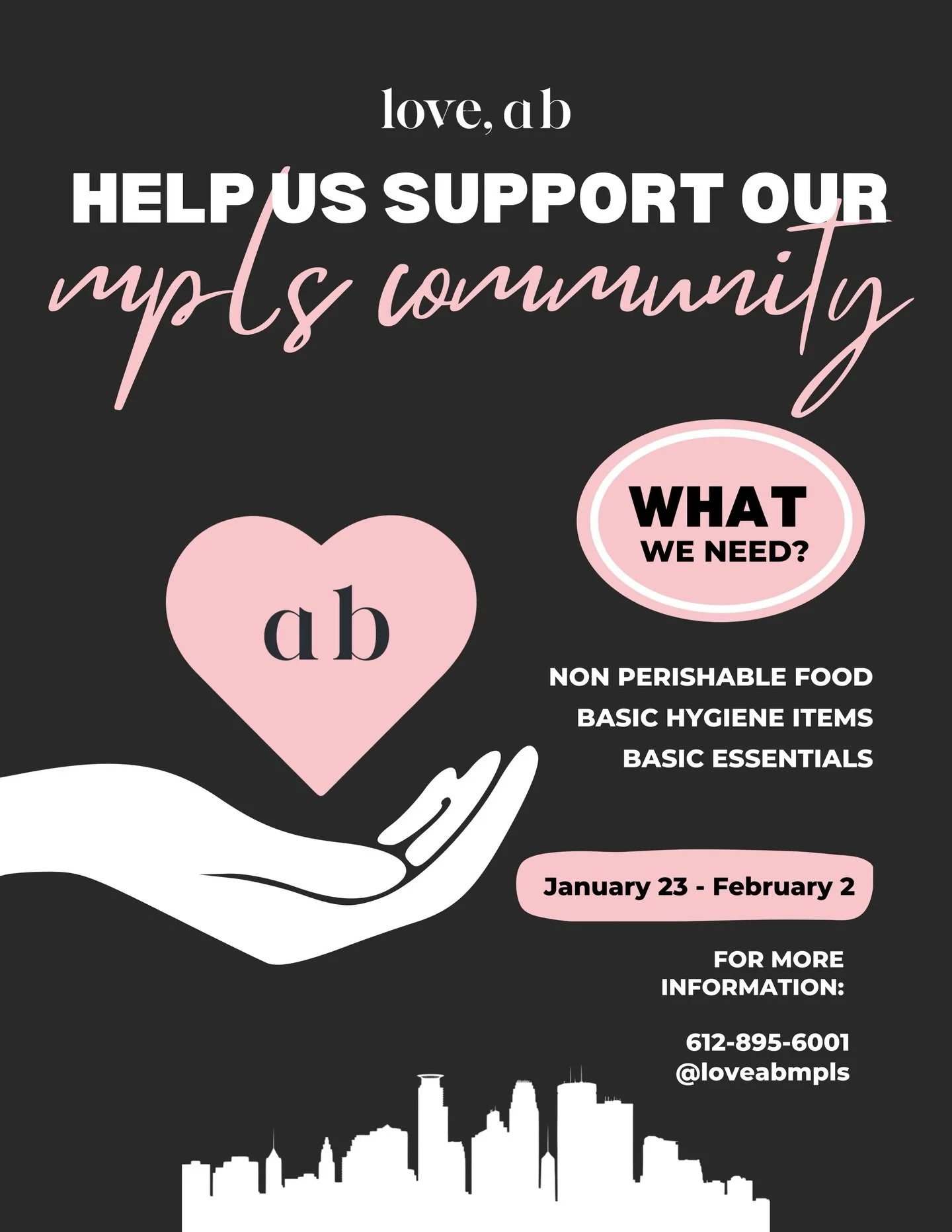 Join us in giving back to our community 💕

We invite you to stop by the salon or bring donation items to your upcoming appointment. All contributions will be donated to local nonprofit organizations in need of essential supplies.

Thank you for help