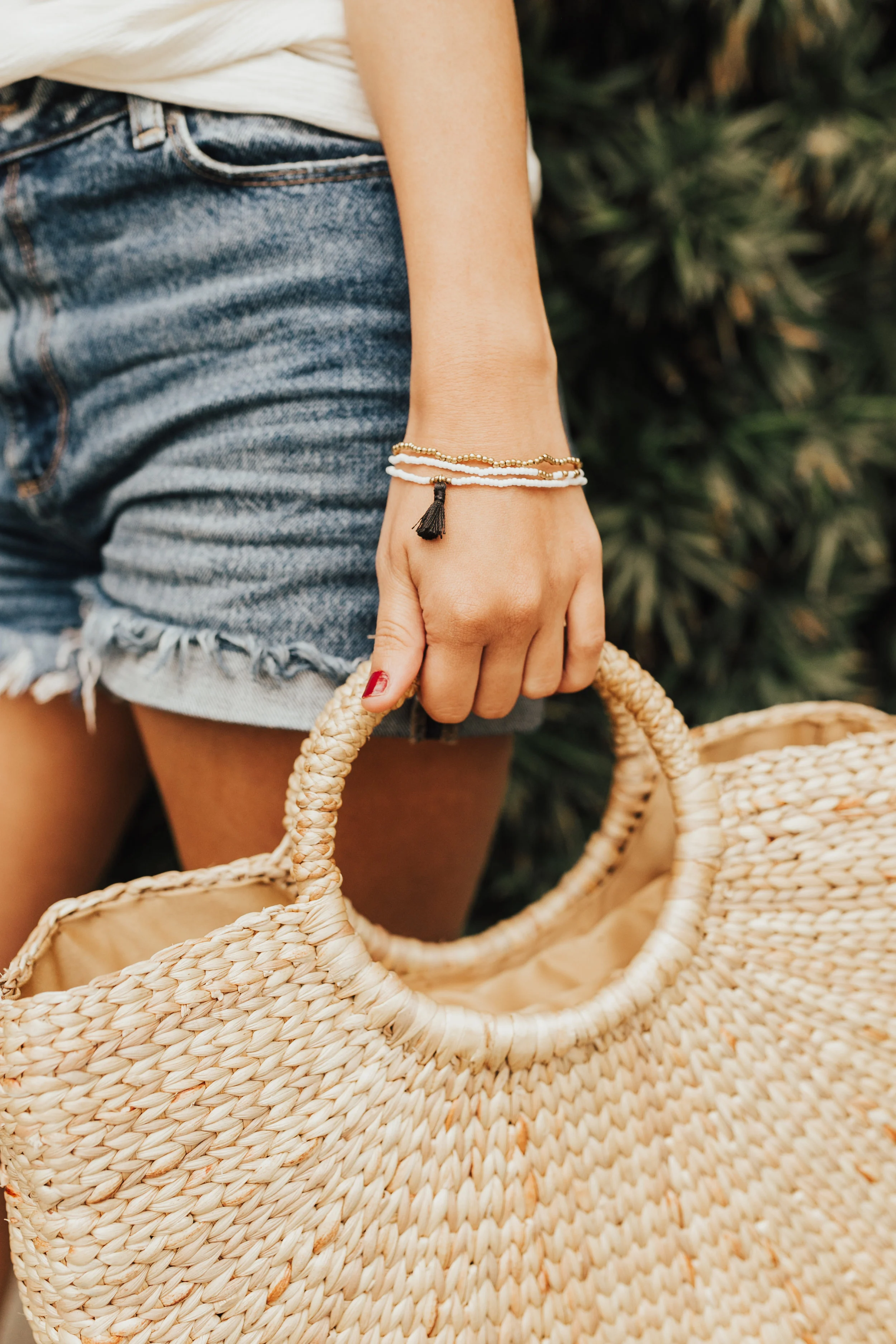 Dainty Beaded Stacked Tassel Bracelet- White