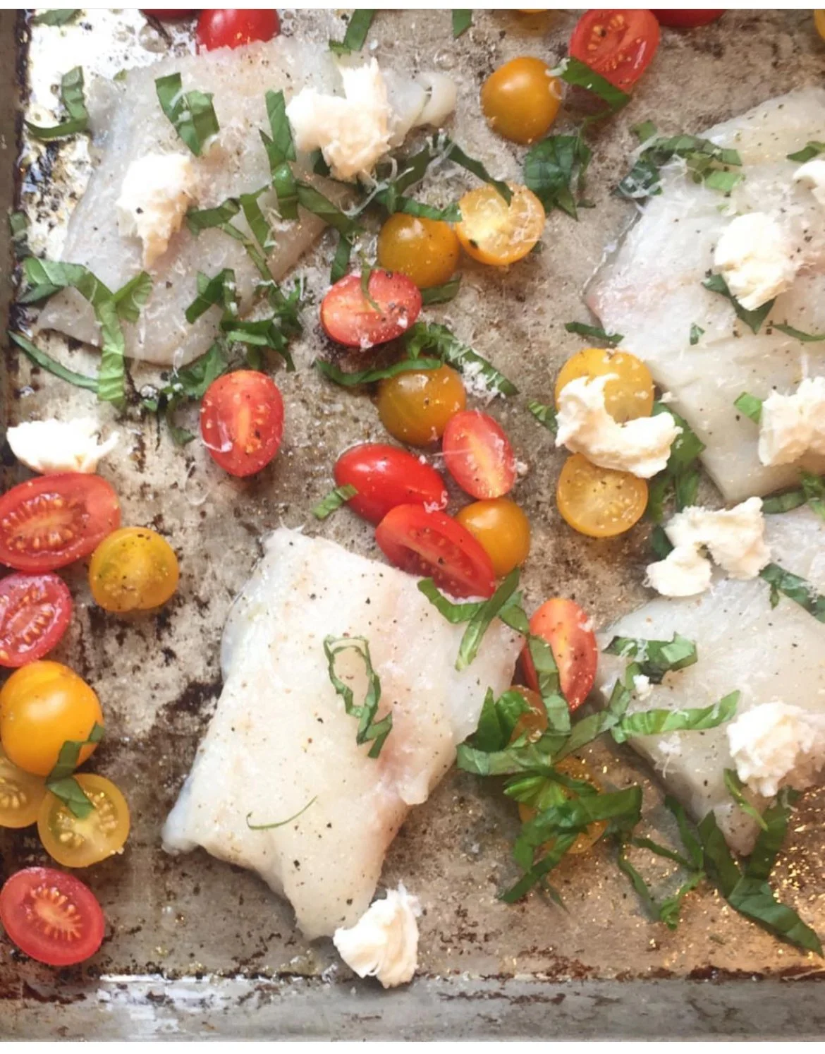 Roasted Cod with Cherry Tomatoes, Basil and Mozzarella 