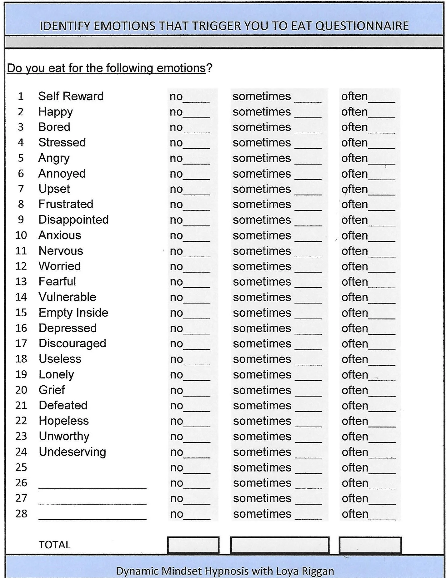 Now that you’ve identified which emotions trigger the eating, be conscious of how you deal with this/these emotions moving forward. Is there a better way you can address the emotion such as journaling, meditating, exercising or taking a walk? Awareness of why you eat outside of real hunger is the key to getting a handle on emotional eating! Good luck and YOU’VE GOT THIS!!! 😊 Big Hugs, Loya Riggan