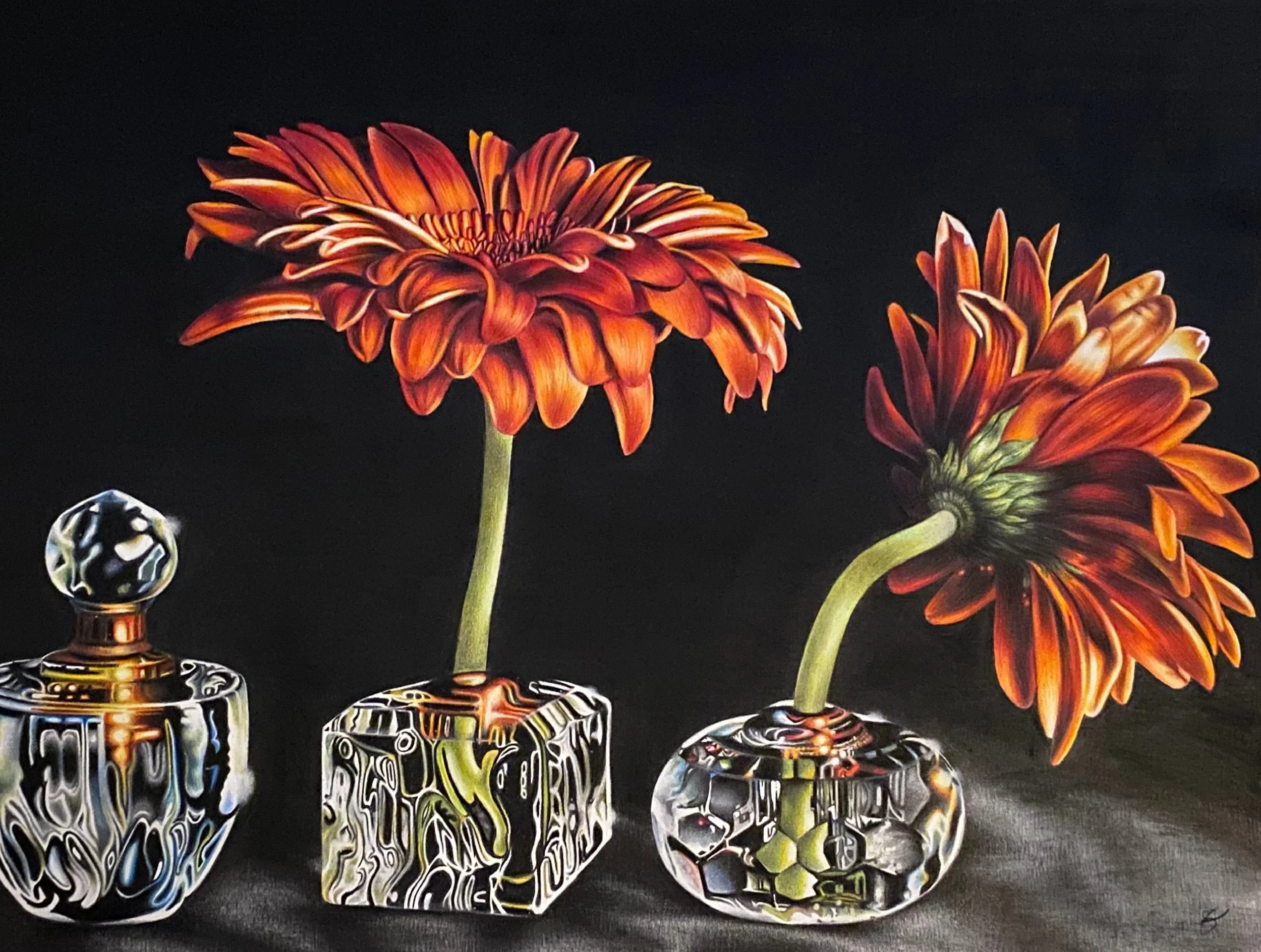 GLASS BOTTLES AND CHRYSANTHEMUM