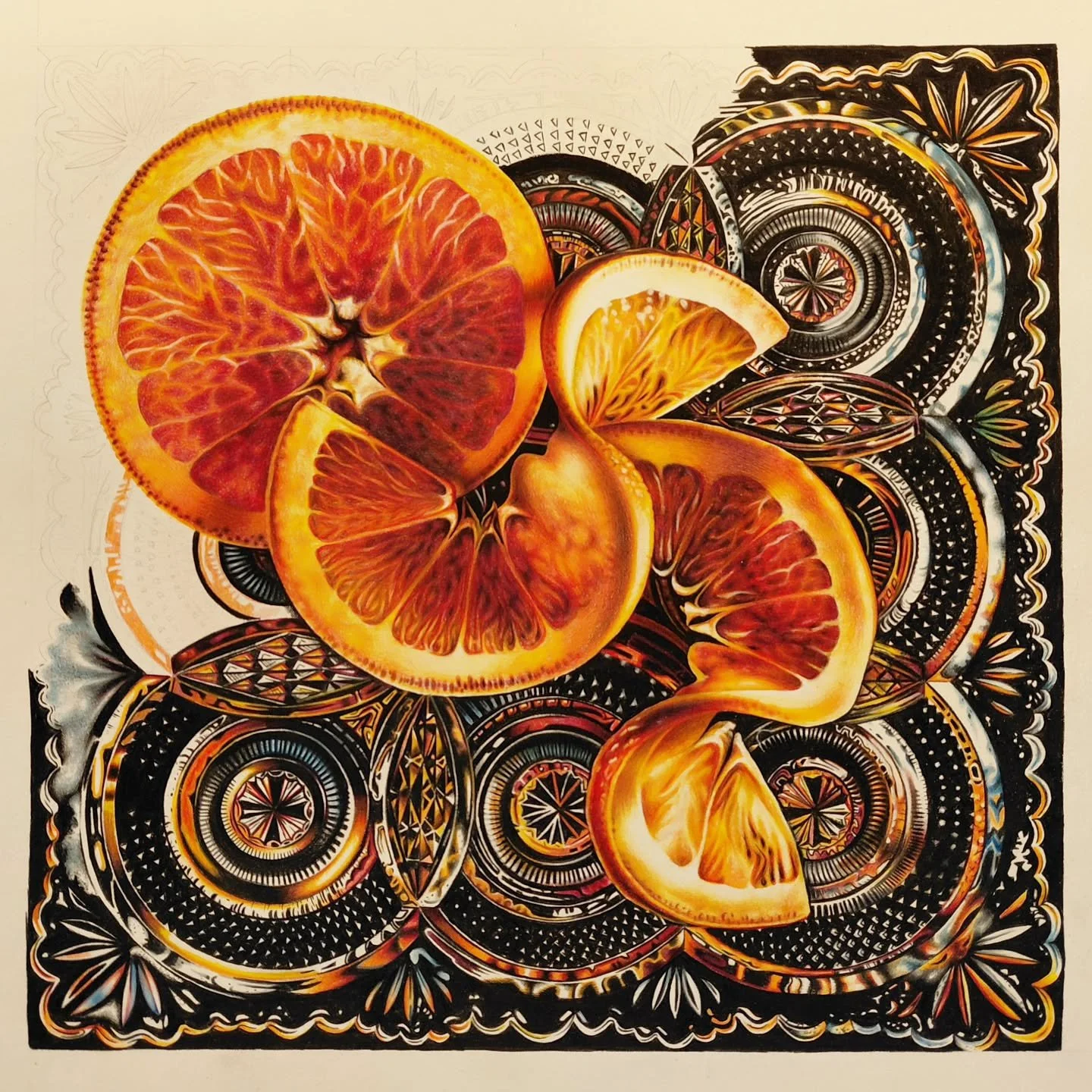Work in progress. CUT GLASS IV:  Oranges on Plate. Colored Pencils. 
#coloredpencils