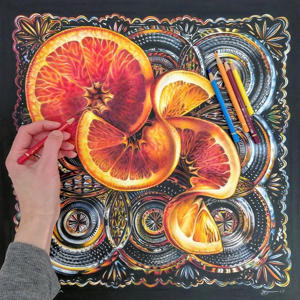 CUT GLASS V: Oranges on Plate. Complete! Own photo reference. 
www.sandrawilliamscrossley.com
#coloredpencil #realisticart