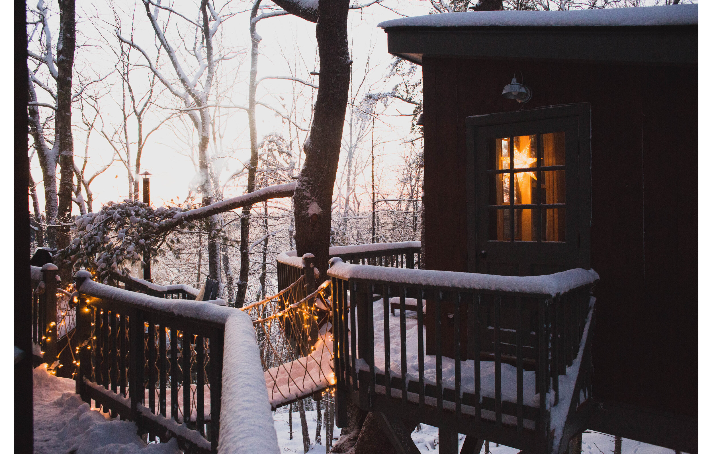 Winter view of at Souhegan Treehouse at Seguin Tree Dwelling in Georgetown Maine
