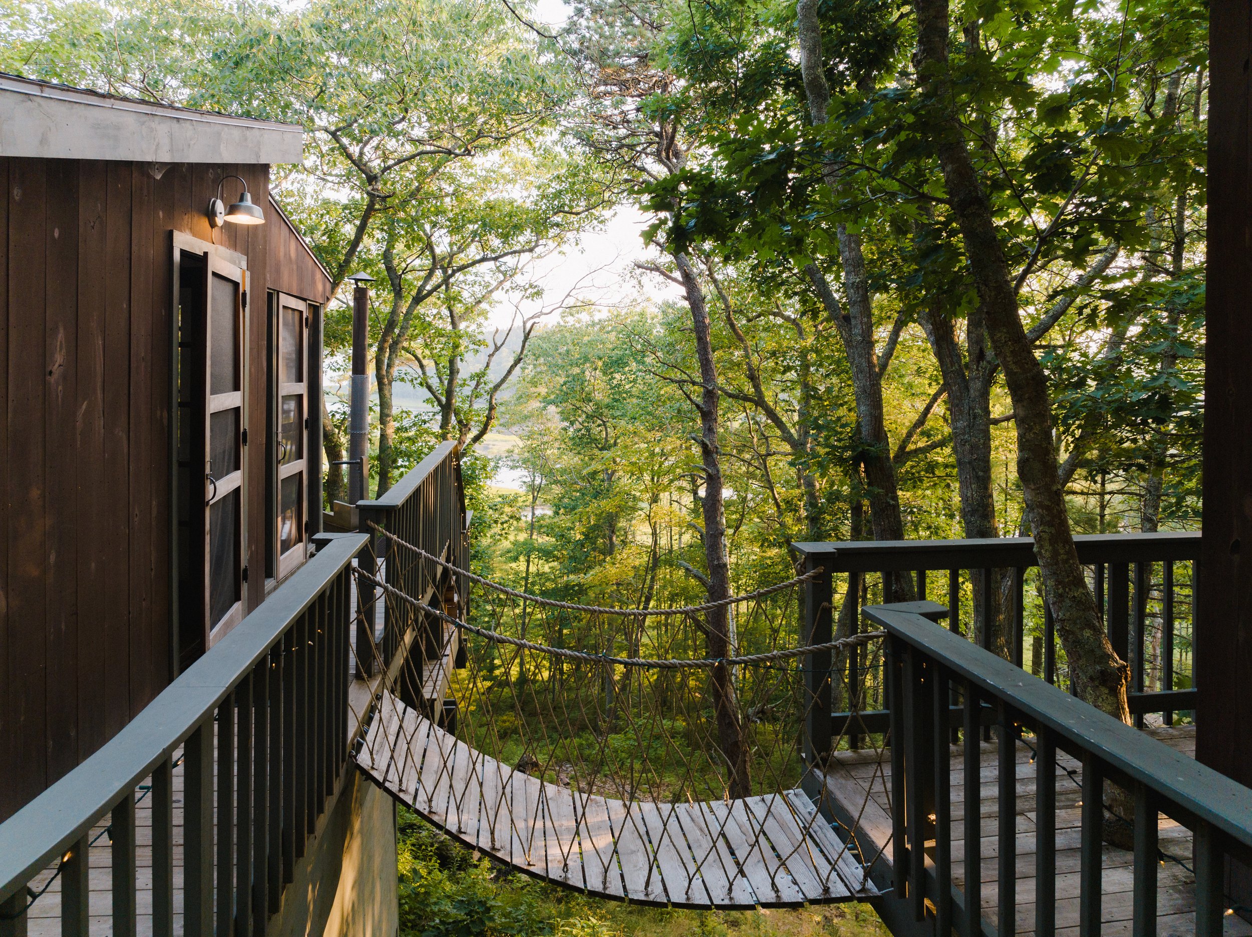 Seguin tRee Dwellings rope bridge and hot tub view