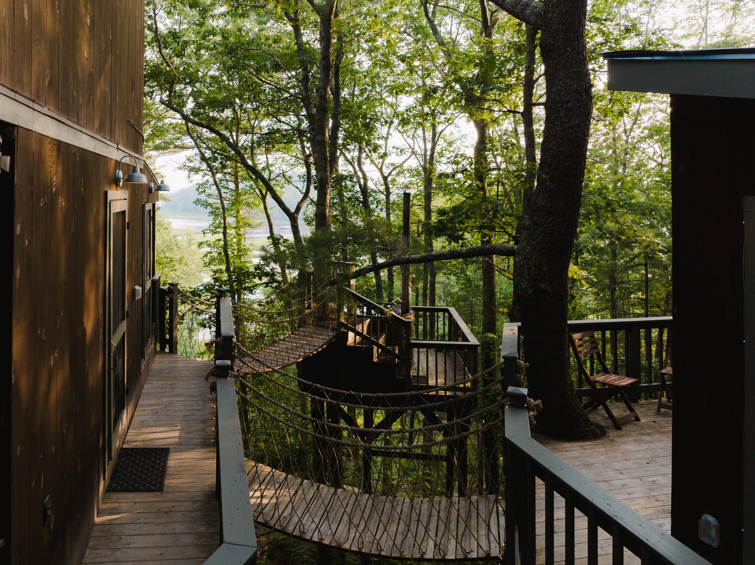 Souhegan Treehouse Rope Bridges and Hot tub Seguin Tree dwellings Georgetown Maine