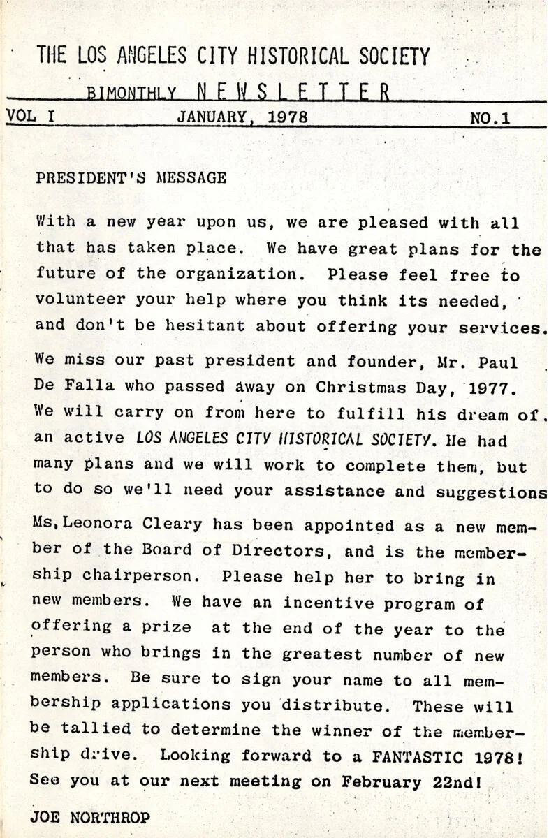 Los Angeles City Historical Society (LACHS) Newsletter, first edition, 1978