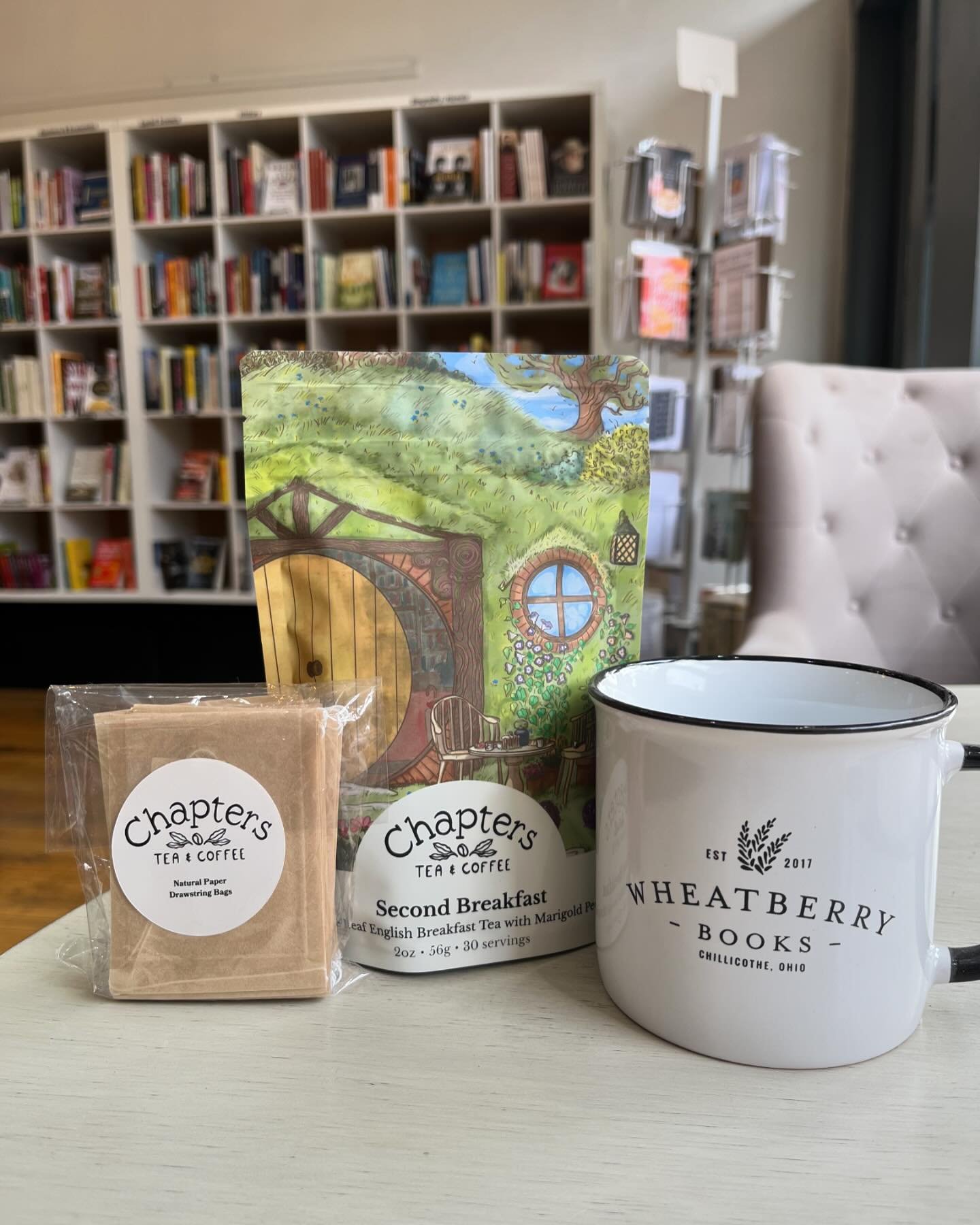 When you shop with us on Independent Bookstore Day (this Saturday 4/27), you can enter to win one of four bundles. 
🫖 The Tea Lover&rsquo;s bundle includes a Wheatberry Books mug, your preferred blend of Chapters tea, and a pack of tea bags. 
🚫The 