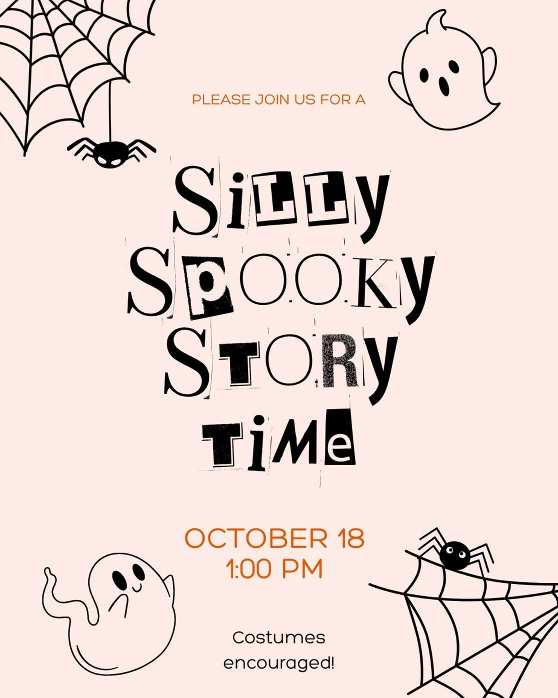 We&rsquo;re getting ready for a ghostly good time on Saturday! 👻 
🎃 Silly Spooky Story Time is at 1pm in our children&rsquo;s room. We will read a Halloween story, decorate treat bags, and gather up some goodies! Feel free to bring the kids in thei