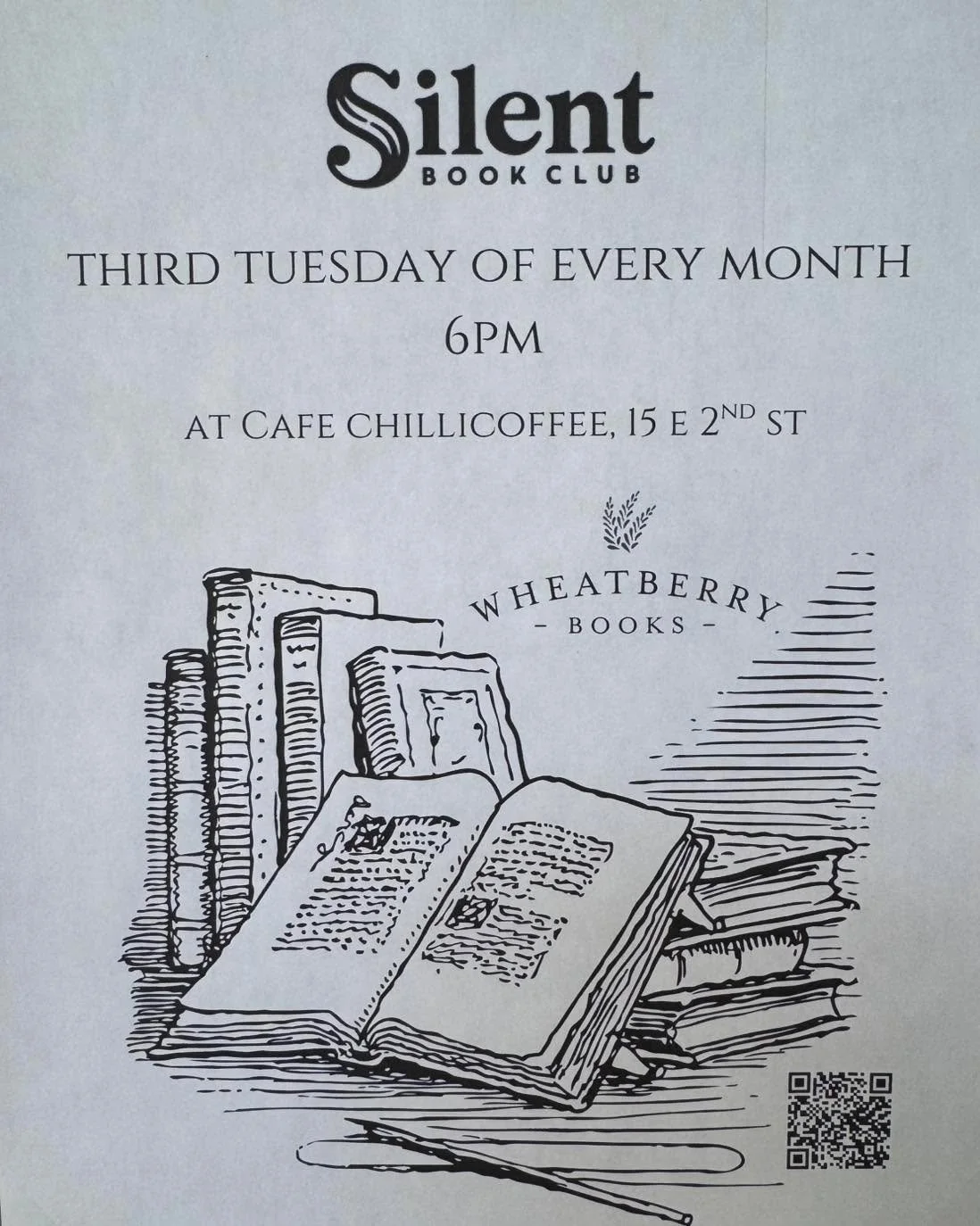 Let&rsquo;s all meet up at Cafe Chillicoffee this evening for some tasty drinks and good books. We will be (quietly) hanging out from 6-8pm with our current reads. Need a book to bring? Wheatberry is open until 7, so you have plenty of time to stop b