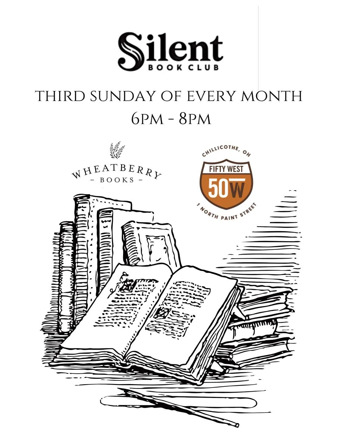 Exciting news! Our Silent Book Club chapter has found a new home! 🍻 
Bring whatever book you are currently reading to Fifty West Brewing Company at 1 N. Paint St. on the third Sunday of every month. We will be hanging out from 6pm till 8pm reading s
