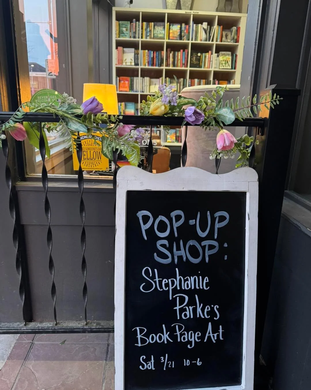 We made it to Spring! 💐 For the Downtown Open House this weekend, our shelves are stocked with fresh reads,  and we are happy to host Stephanie Parke for her Book Page Art Pop-Up Shop today.