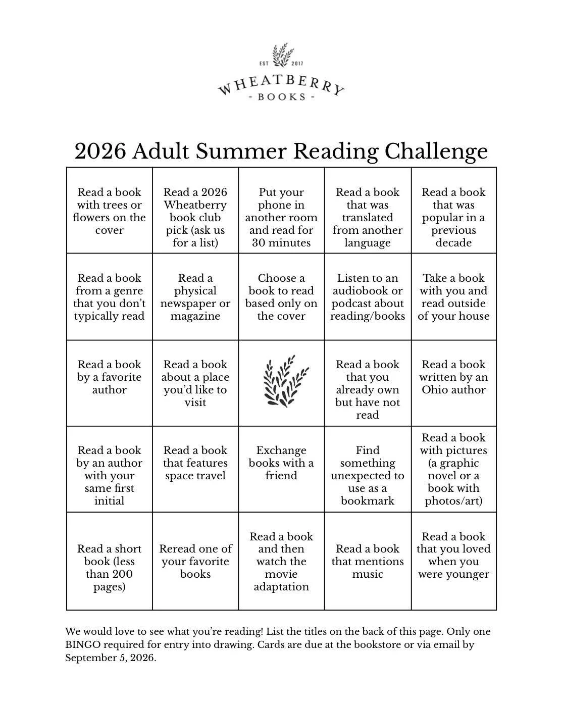 Our summer reading challenge is back! Just click on the link below to download and print the BINGO card (adult and youth cards are available), or pick one up at our checkout counter. Choose a row (diagonal, up or down) to complete. Once you check off