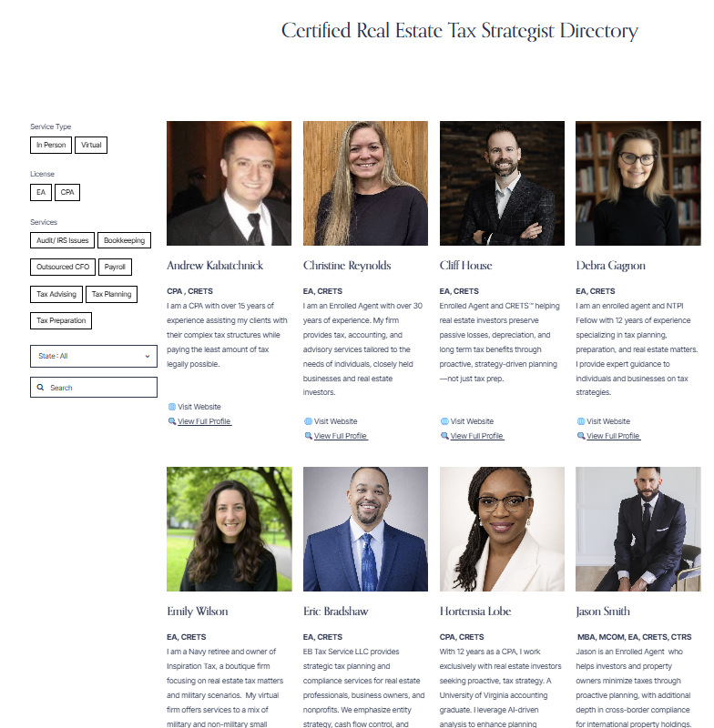 Directory listing of Certified Real Estate Tax Strategists which displays each tax professional's headshot as well as their name, credentials, and summary.