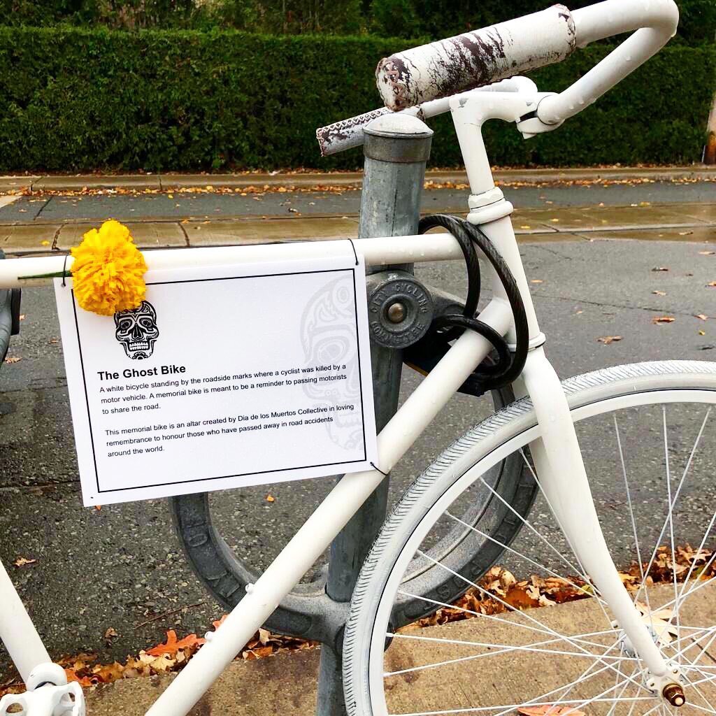 &ldquo;The Ghost Bike&rdquo; is a white bicycle standing by the roadside, marking the place where a cyclist was killed by a motor vehicle.

This memorial at Wychwood Avenue is a permanent altar created by the D&iacute;a de los Muertos Collective to h