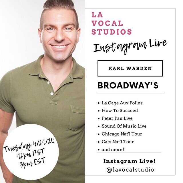 So excited to chat with @karlwarden this Tuesday 4/21 on Instagram LIVE! Karl is an absolute triple threat, has performed in Broadway shows and is a Director/Choreographer for @moonlightstage @5startheatricals Musical Theatre West and more! Find out 