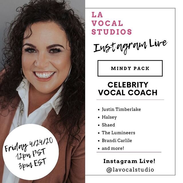 Today!!! Join us on Instagram Live as we chat with this incredible voice coach. We&rsquo;ll chat about all things voice, performance, and vocal health! 12pm pst or 3pm est! See you there. .
.
.
#vocalcoach #mindypack #vocalhealth #voicetechnique #voc