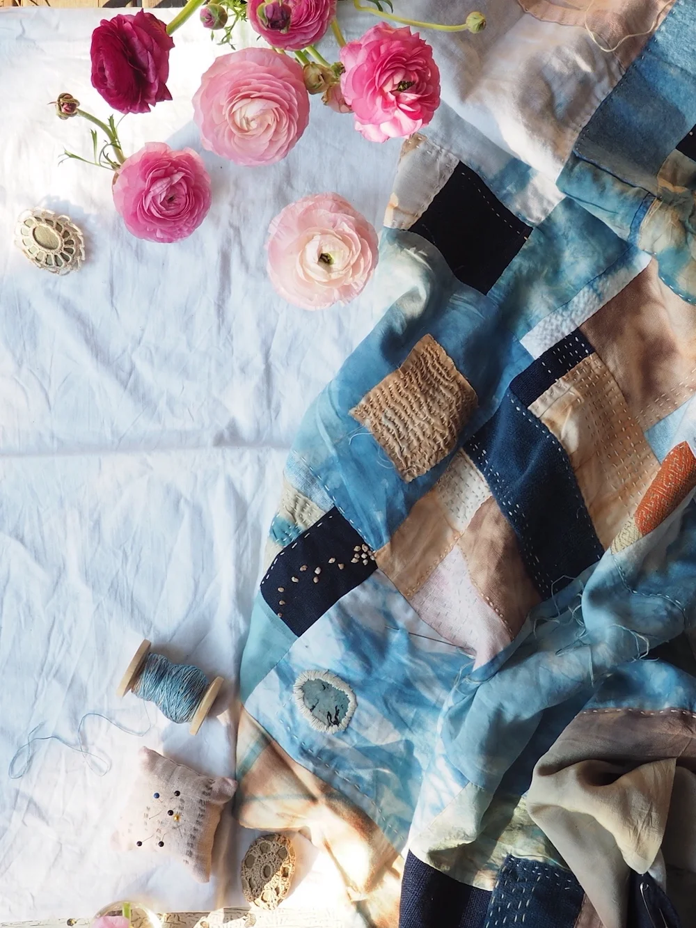 Hand dyed fabric hand stitched quilt. Naturally and botanically dyed, kimono fabric, hemp, silk, cotton, linen. Sashiko, boro, kantha. Slow Stitch, Mindful Mending. The Fearless Quilt by Ellie Beck Petalplum.jpeg