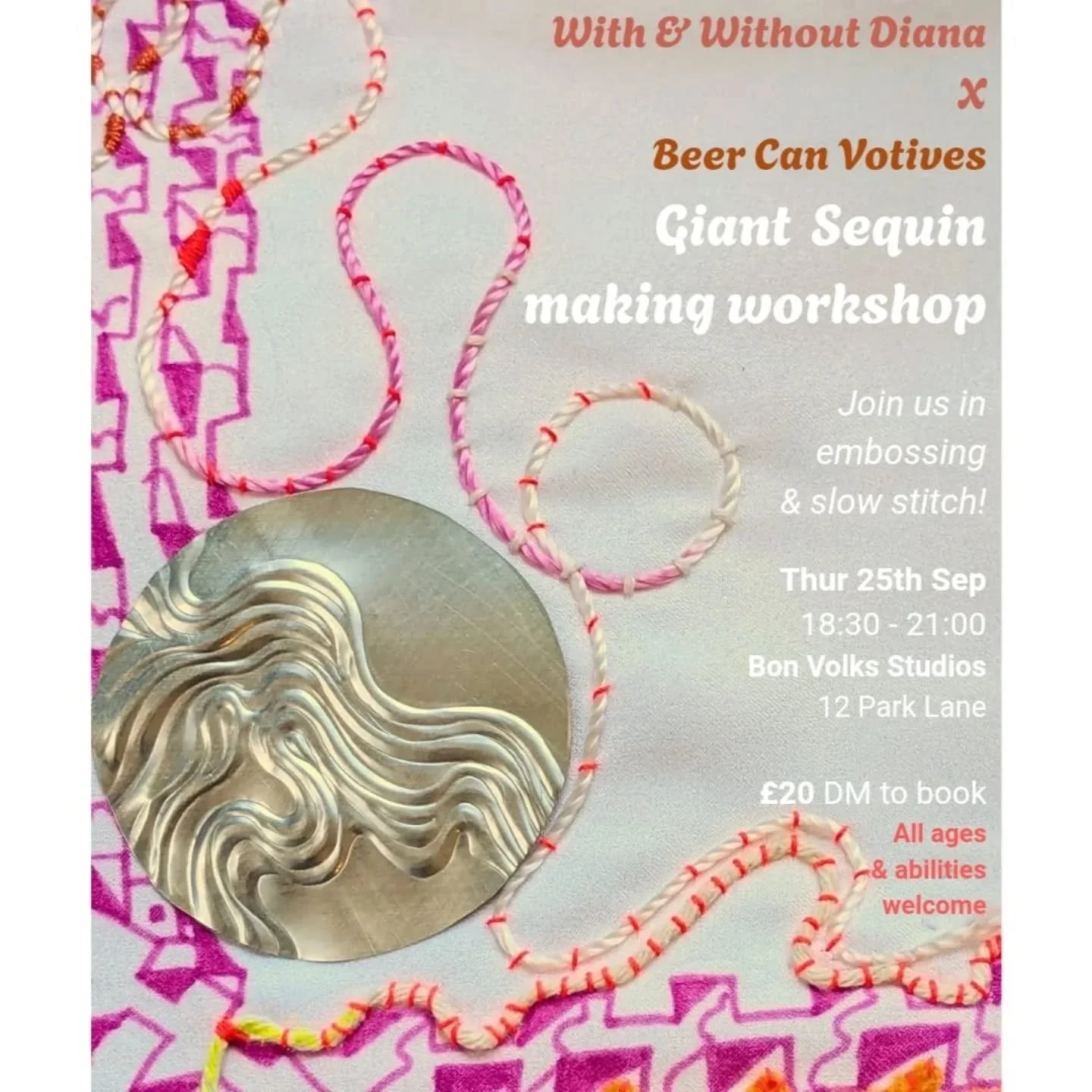🎊Giant Sequin Making Workshop🎊

Join myself and fellow artist Rachelle Francis to create glittering, trailing offerings of Beer Can Votive sequins to Rachelle's project and posthumous collaboration with her mother-&nbsp;@with_and_without_diana

📍@