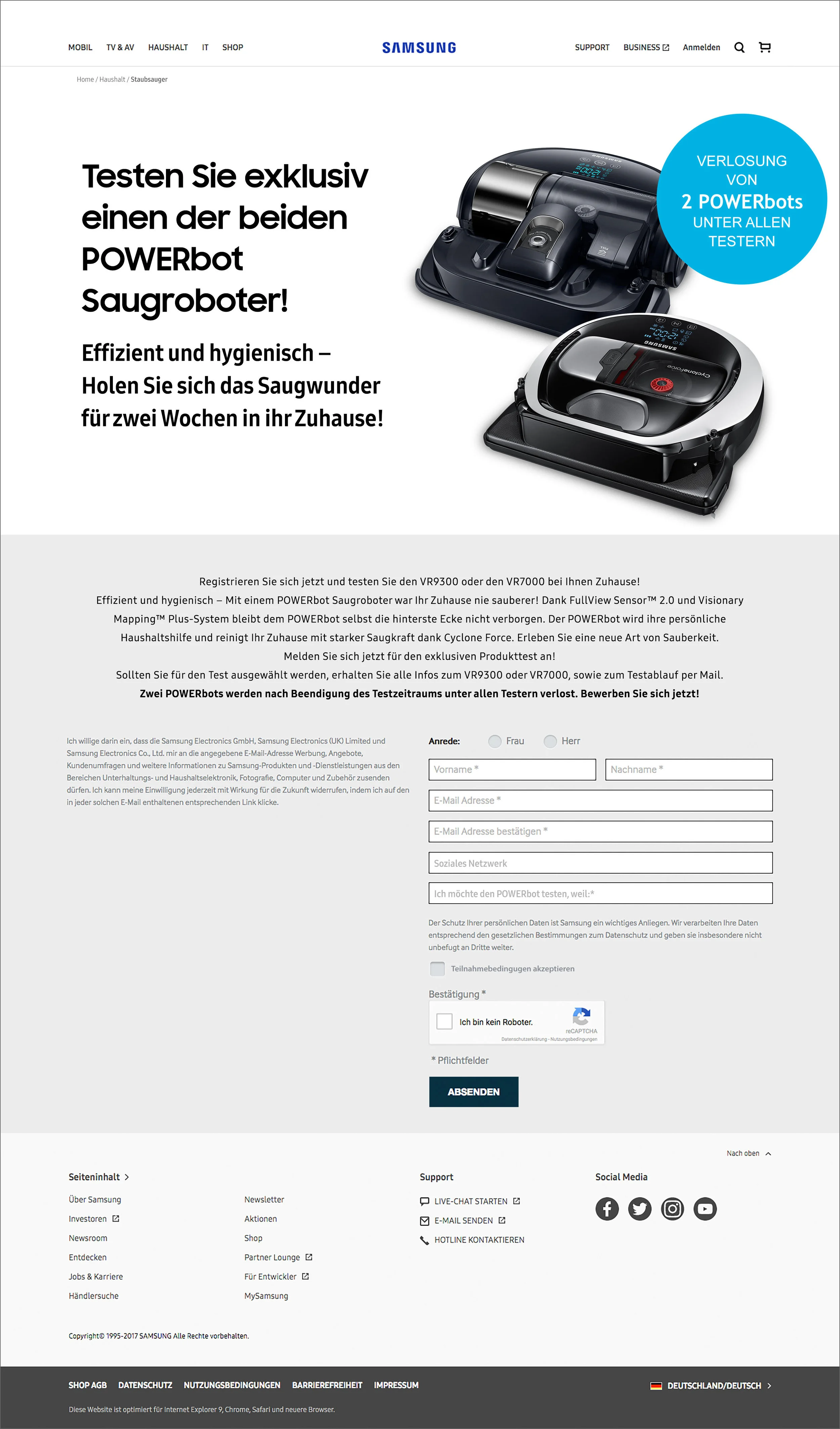 Samsung product registration page