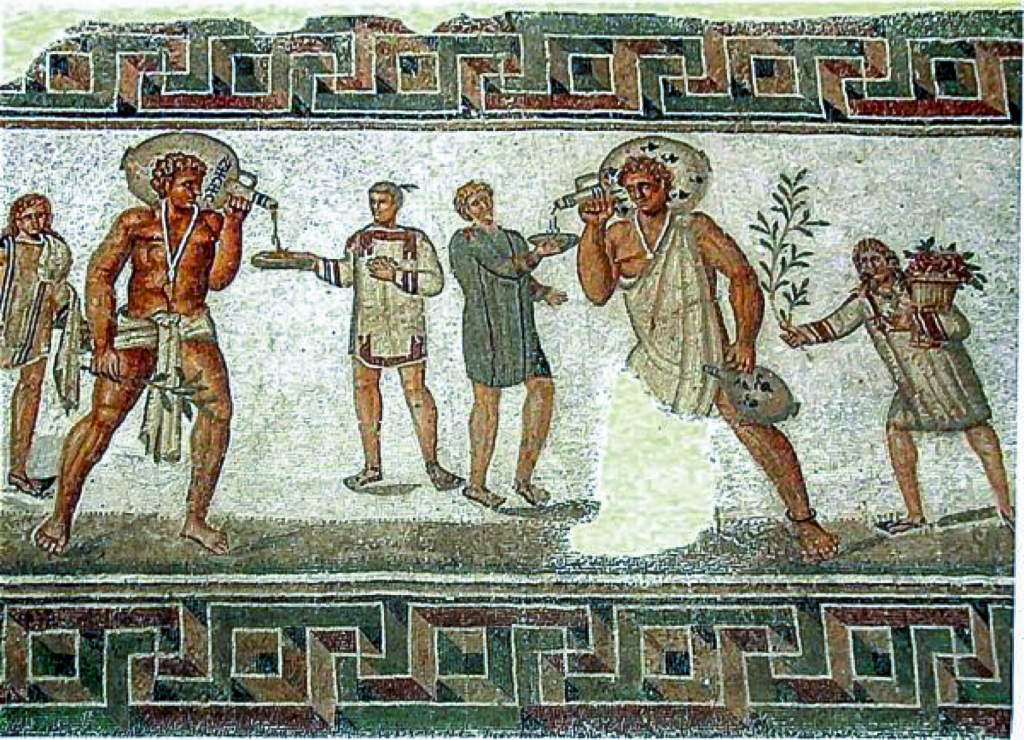 Ancient mural depicting indigo dye trade.