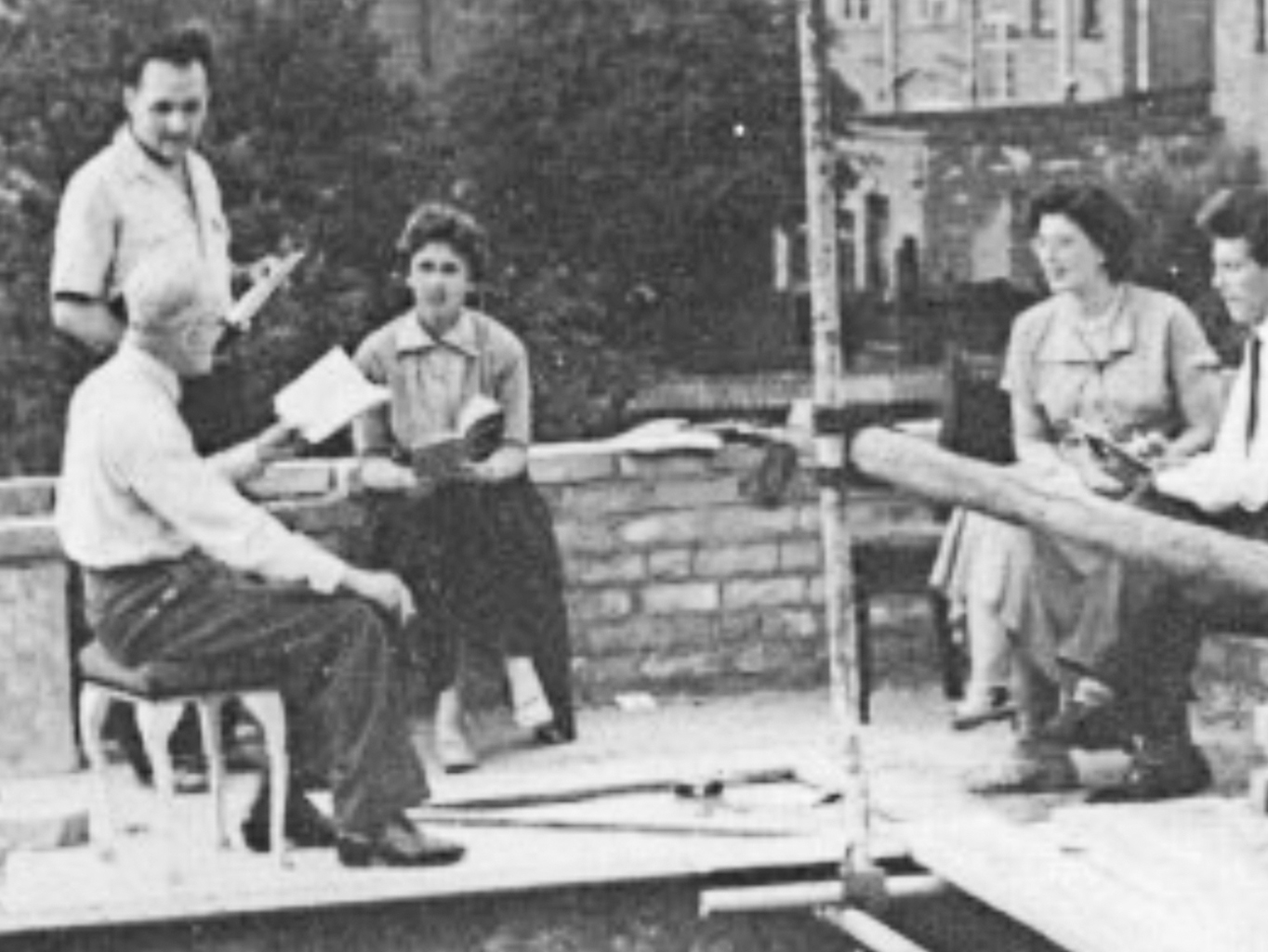 Original members of HGLT rehearsing whilst building the theatre in 1950