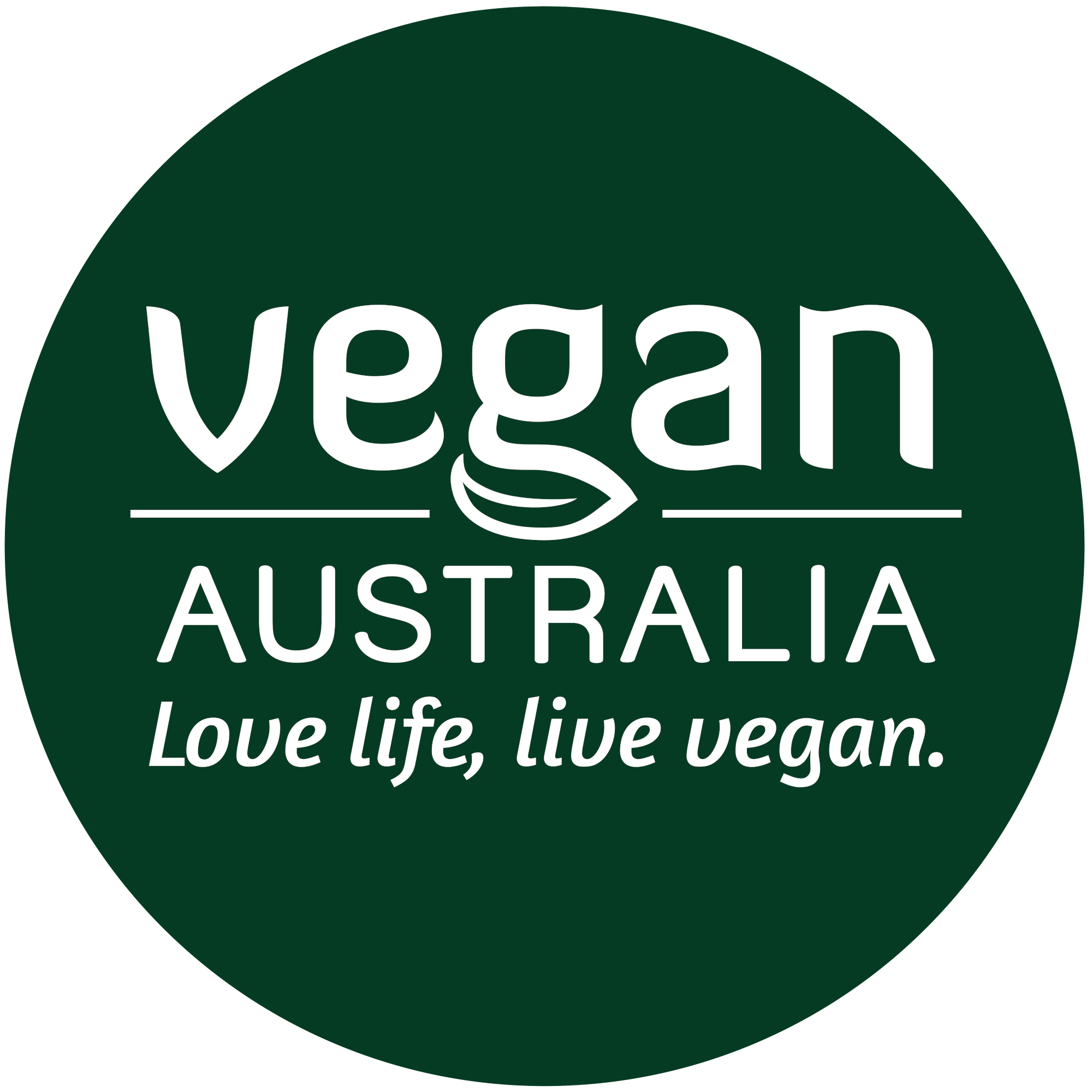 Vegan Australia logo - dark green with words Vegan Australia; Love life, live vegan.