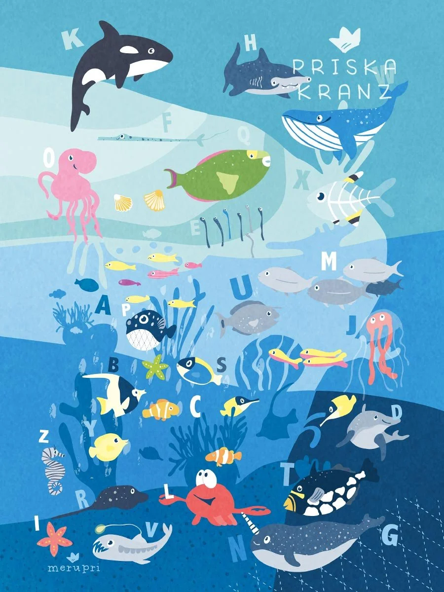 Get to Know the Sealife Creatures on the ABC Tea Towel Design printed by Spoonflower