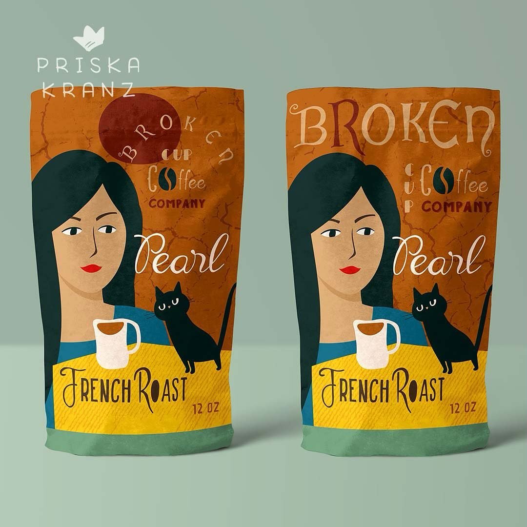 Do you prefer left or right? ☕️ Start your day with some purring cuddles and a lovely pearl french roasted coffee (well, strong black tea for me 🙌😅) Coffee packaging design illlustrated for the third assignment of #matsletteringbootcamp 
.
#makeart