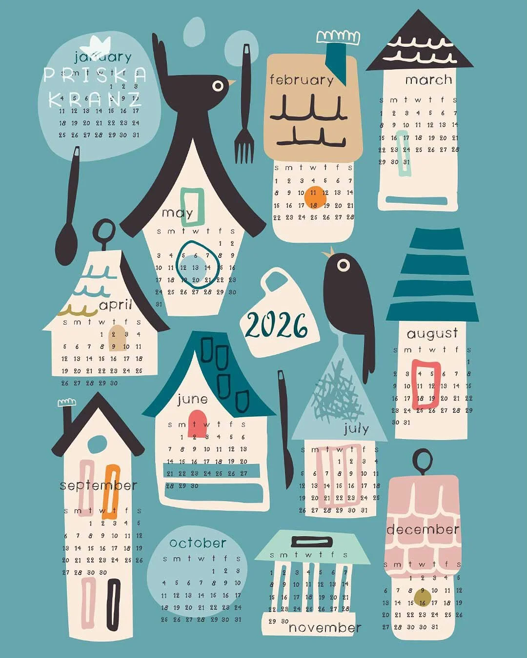 Can you believe the year is almost over again? I&rsquo;ve refreshed my Birdhouses calendar design from last year for 2026, which is now quietly nesting at @spoonflower 🌸
.
#surfacedesign #TextileDesign #textiledesigner #spoonflowerfabric #spoonflowe