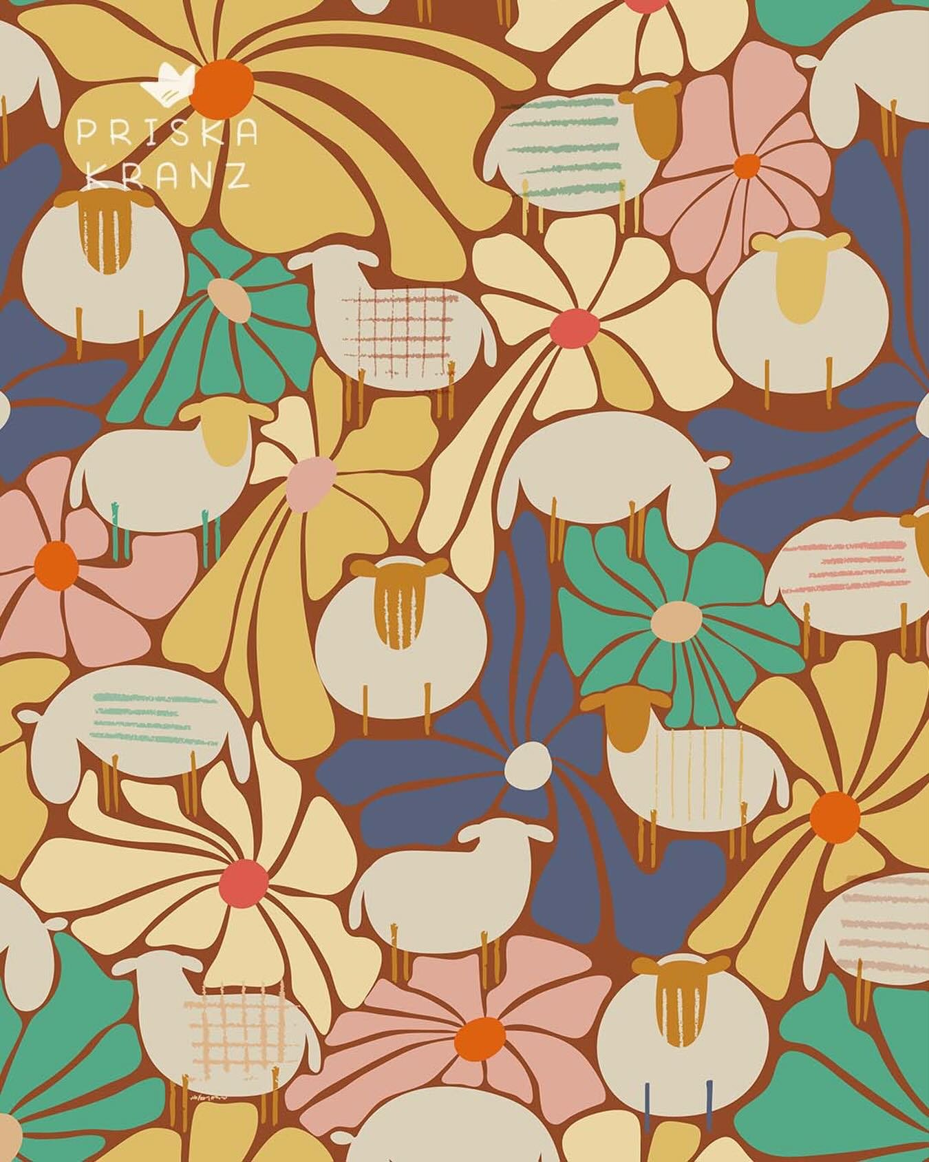 Oversized wildflower bloom and sheep 🌸🐑 my pattern design for the current @spoonflower design challenge. If it makes you smile, I&rsquo;ll appreciate your votes 💖
.
#spoonflowerdesignchallenge #spoonflowerdesigner #patterndesigns #retropattern #fl