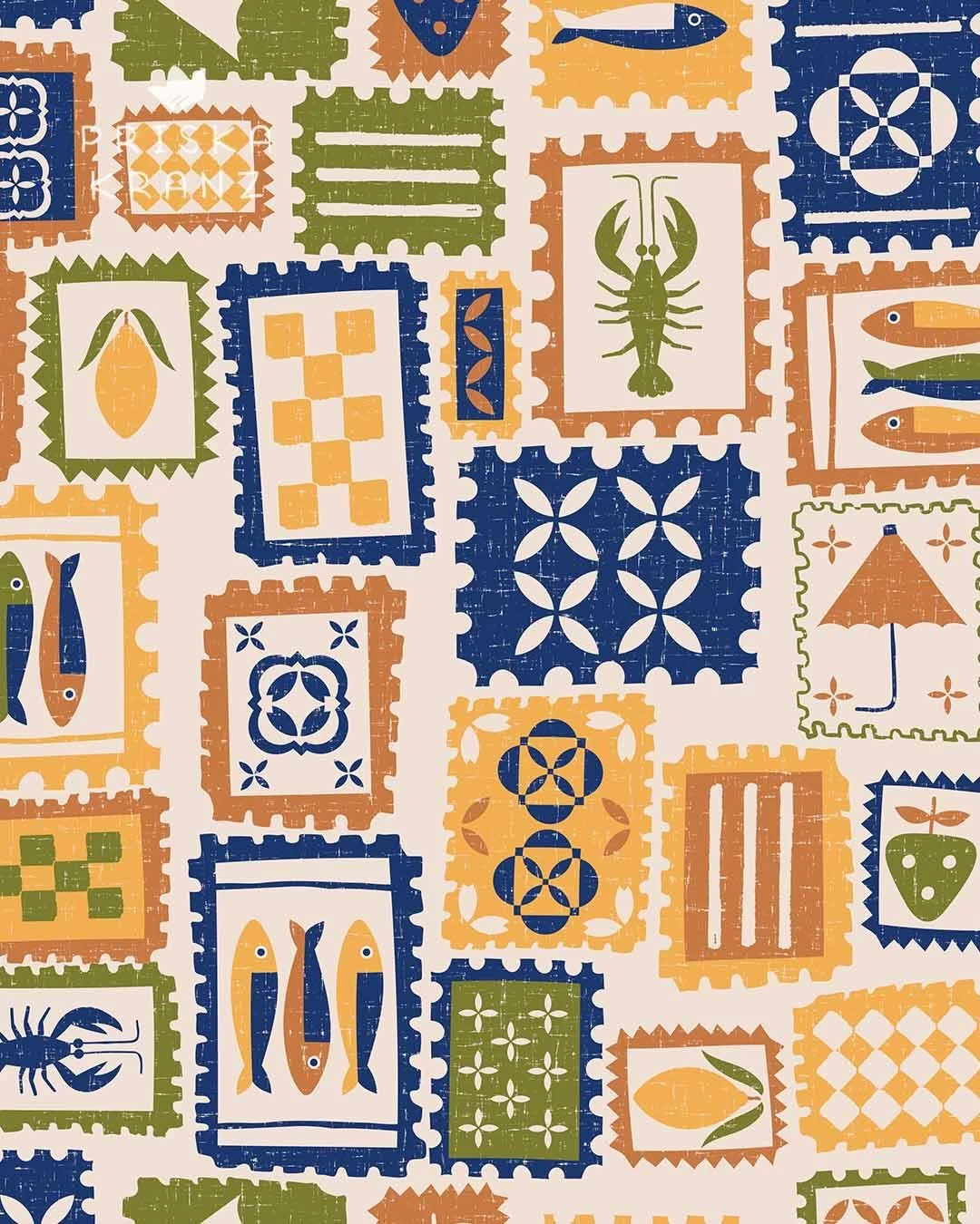 Mediterranean postage stamps for the current @spoonflower design challenge 🌸 For this pattern, I reworked my hand-drawn postage stamps and included some stylized elements typical of the Mediterranean area, such as the lovely ceramic tiles - what fee