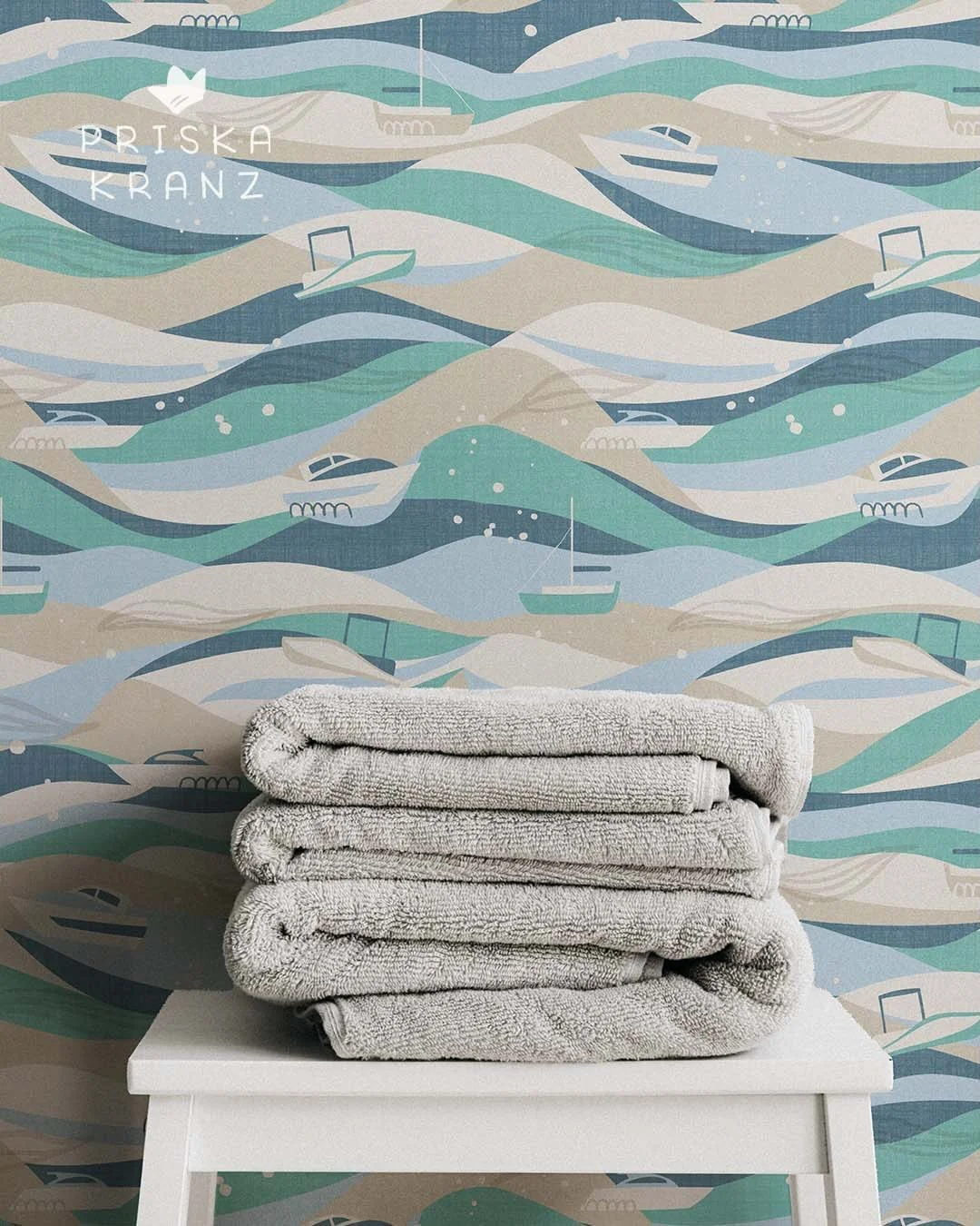 How about a boat trip on gentle waves? Inspired by the relaxing colors of the sea and flowing waves, I added a touch of adventure to this pattern for the current @spoonflower desing challenge Modern Nautical. I&lsquo;d love your votes 🩵
.
#spoonflow