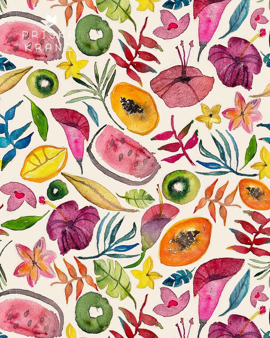 Tropical watercolor florals - for the Hothouse Florals spoonflower design challenge, I created the motifs using brush and paint 🌺 Voting on @spoonflower is still open if you&rsquo;d like to vote 💖
.
#spoonflowerdesignchallenge #patterndesigns #surf