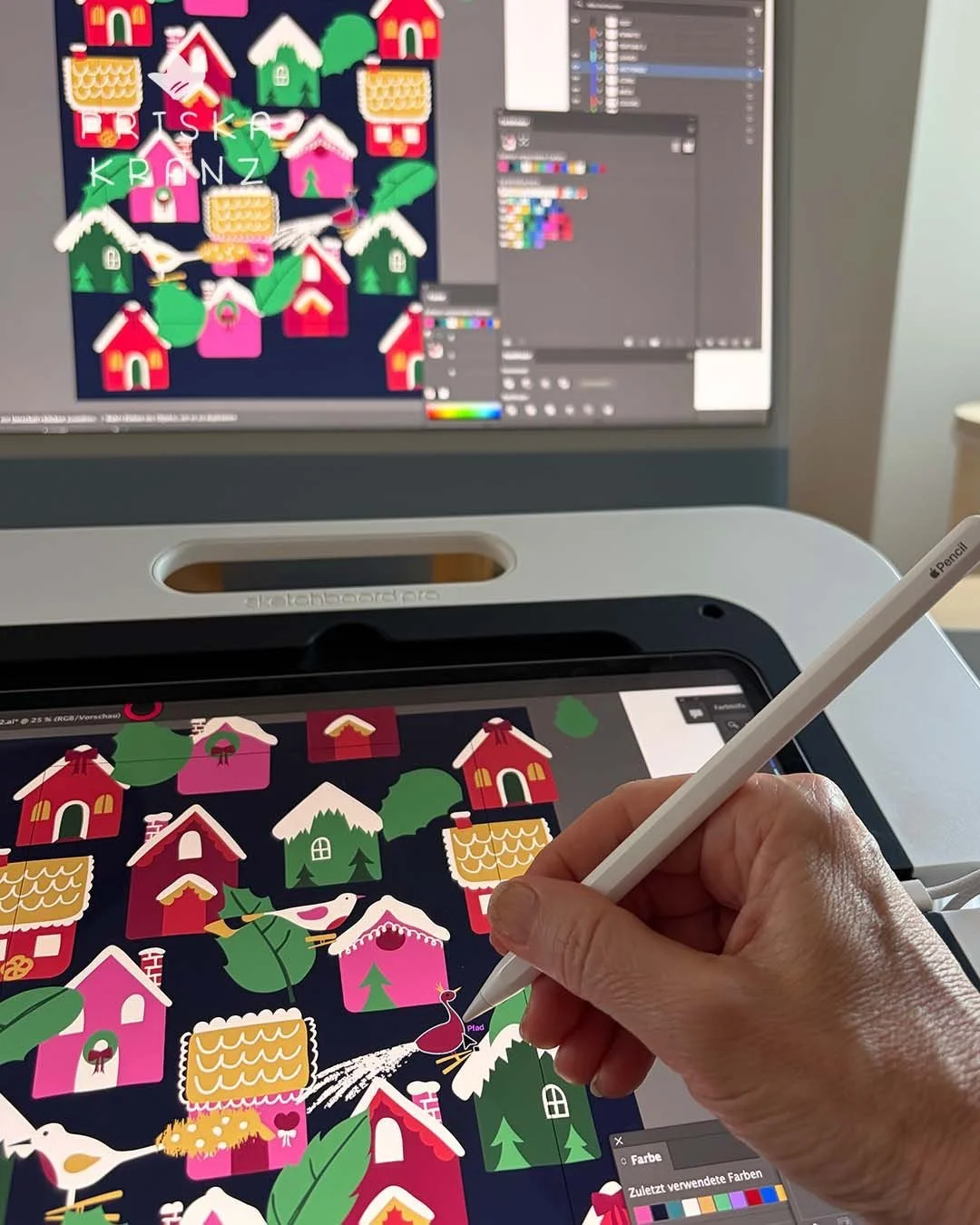 Merry in Summer ☀️ Thinking of cozy winter days and creating festive motifs was a lovely way to cool down during another hot day - work in progress and the final pattern for the Merry Maximalist Spoonflower design challenge - your votes are much appr
