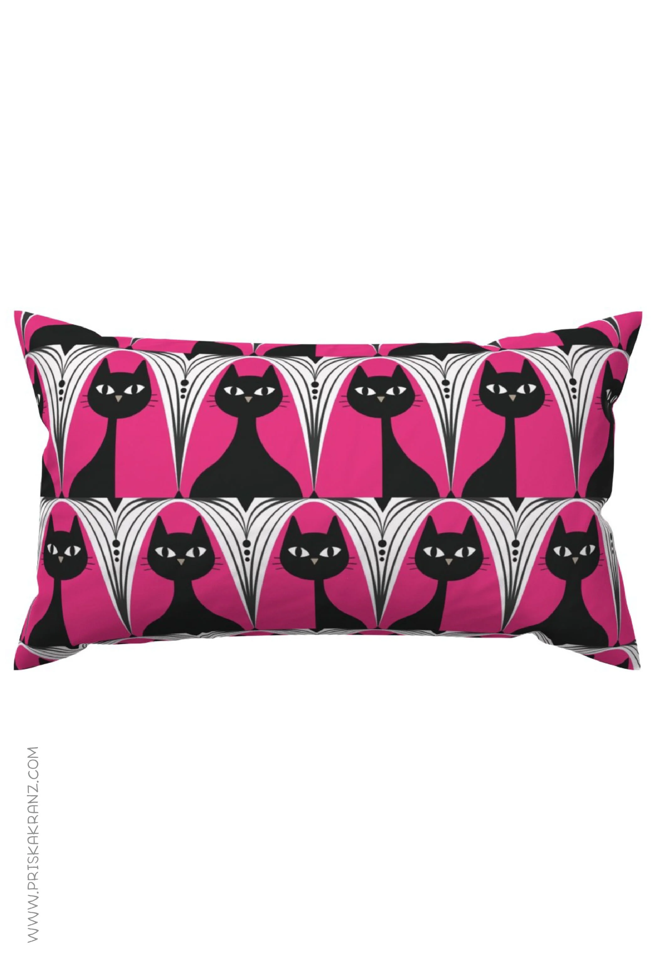 Pillow showcasing stylized black cats in an Art Deco style on a pink background.