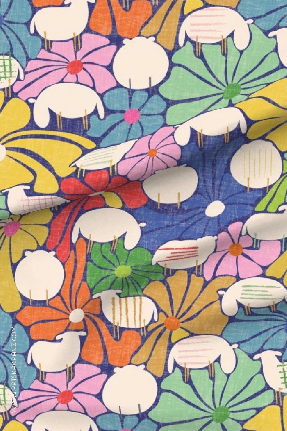 Seamless whimsical pattern featuring white sheep scattered among large, colorful retro-style flowers in blue, green, yellow, orange, pink, and red on a textured dark blue background.